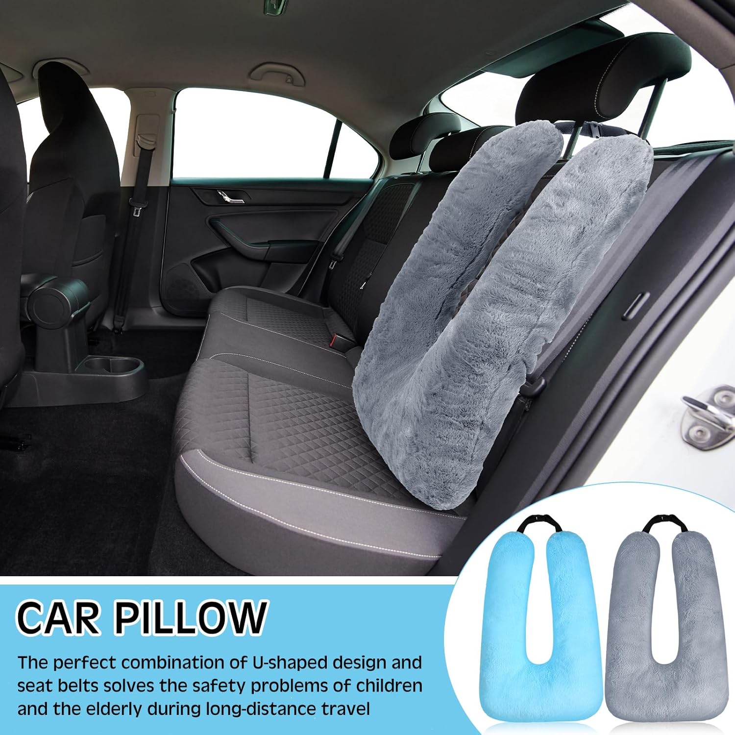 2 Pcs Car Travel Pillow for the Back Seat 28 x 18 in Sleeping Reading Pillows for Long Distance Travel Car Cushion for Kids Adults Head and Body Support U Shaped Pad for Travel(Gray, Blue) - Image 6