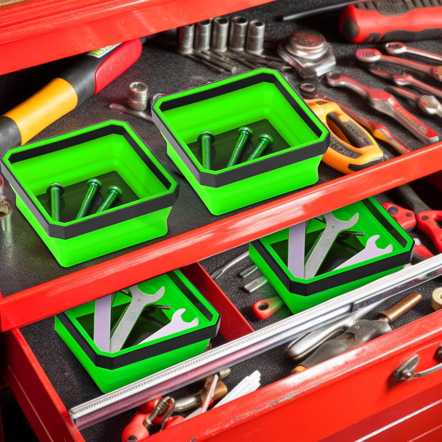 10 Pcs Magnetic Tool Tray Collapsible Foldable Parts Trays Set Magnetic Screw Tray Magnetic Parts Bowl Square Silicone Magnetic Tool for Bolts Nuts Washers Pins Screw Parts (Green) - Image 3
