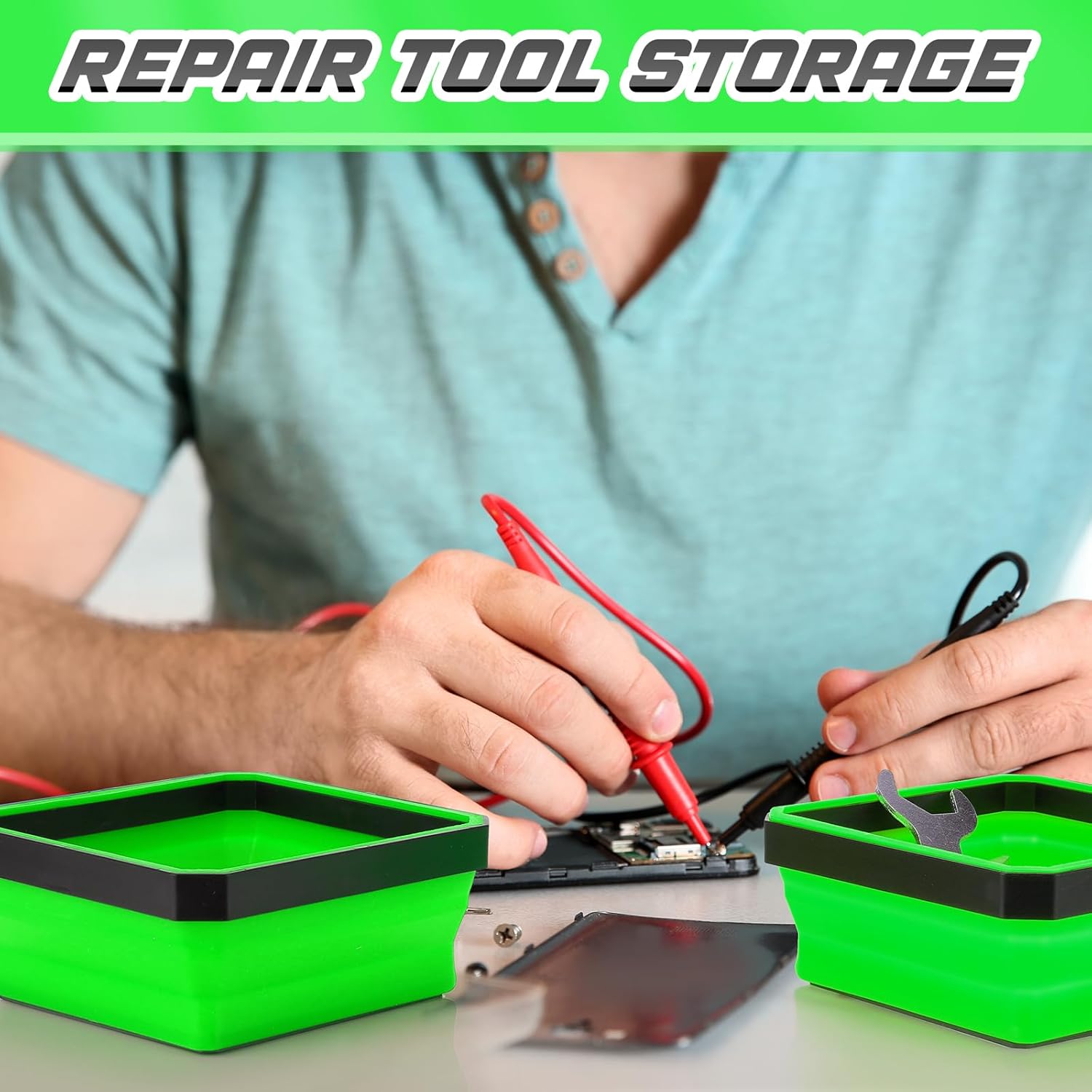 10 Pcs Magnetic Tool Tray Collapsible Foldable Parts Trays Set Magnetic Screw Tray Magnetic Parts Bowl Square Silicone Magnetic Tool for Bolts Nuts Washers Pins Screw Parts (Green) - Image 4