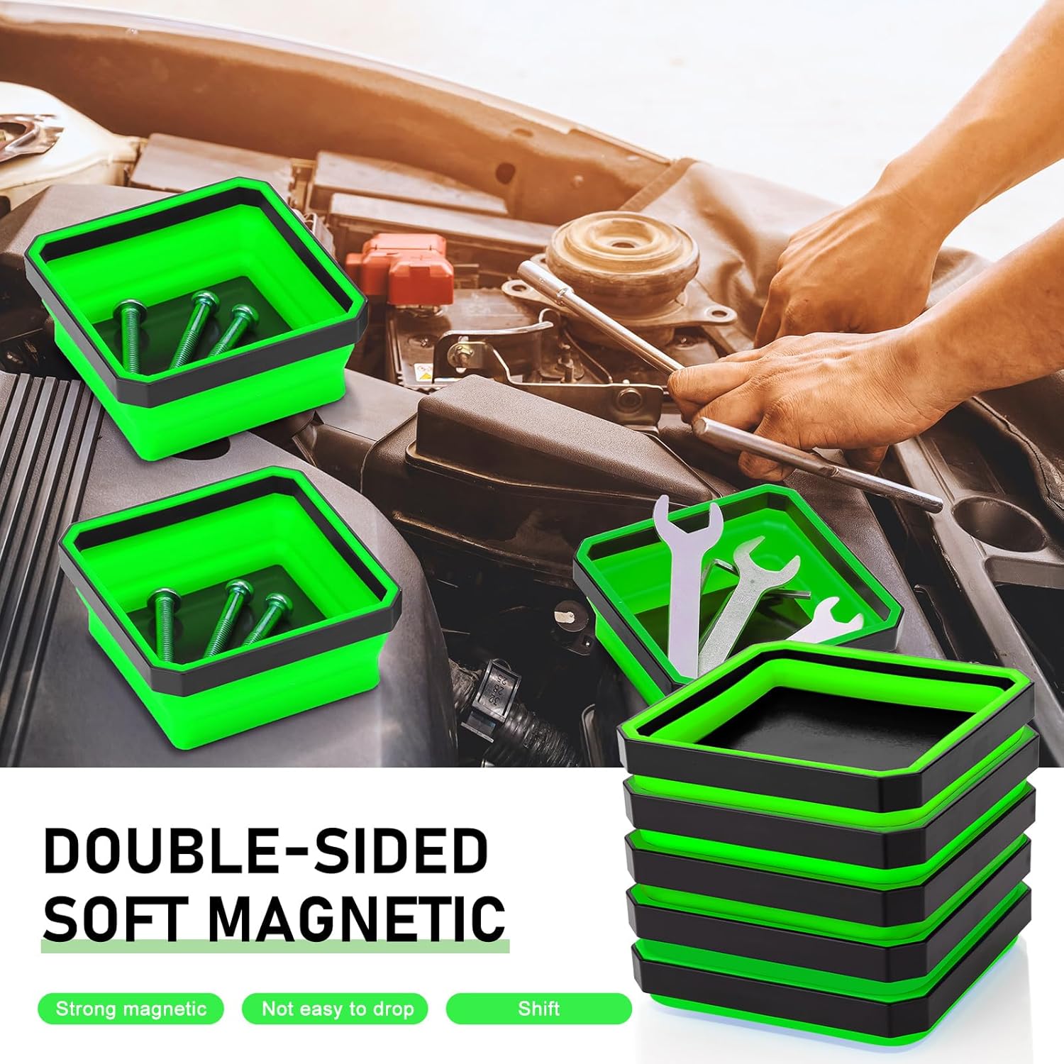 10 Pcs Magnetic Tool Tray Collapsible Foldable Parts Trays Set Magnetic Screw Tray Magnetic Parts Bowl Square Silicone Magnetic Tool for Bolts Nuts Washers Pins Screw Parts (Green) - Image 5