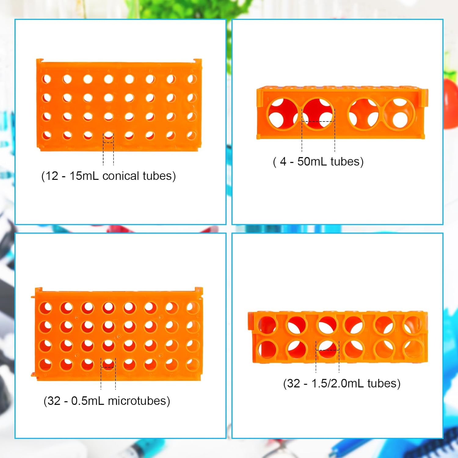 8 Pcs Test Tube Rack 4 Way 0.5ml/ 1.5ml/ 10ml/ 15ml/ 50ml Interlocking Multi PCR Tube Rack Stand Plastic Polypropylene for Centrifuge Lab Scientific Experiments Supplies - Image 2