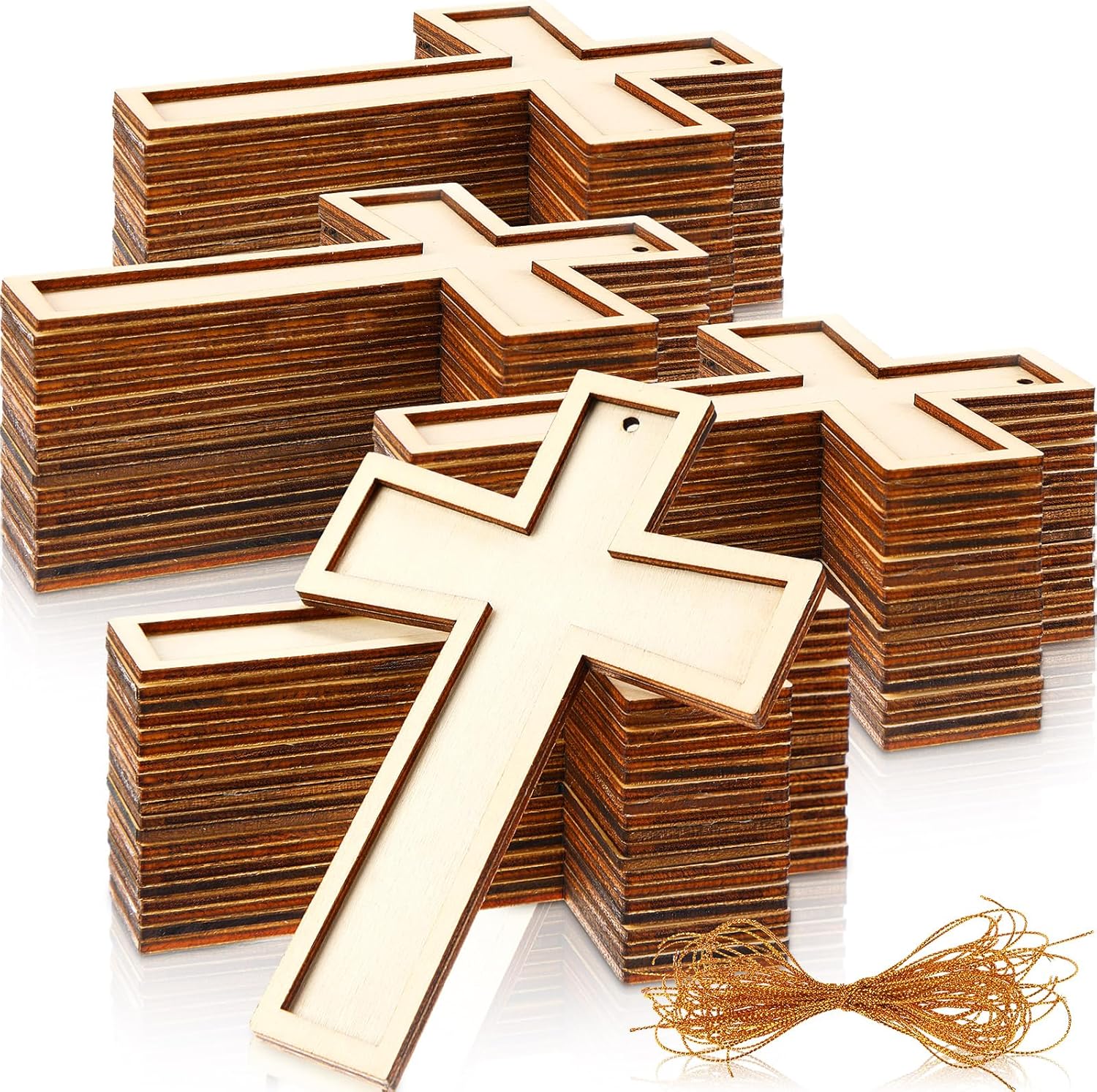 48 Pack Cross Wooden Hanging Ornaments Unfinished Wood Blank Cross Craft with Gold String for Easter Tree Wedding Birthday Halloween Christmas Party Decoration - Image 1