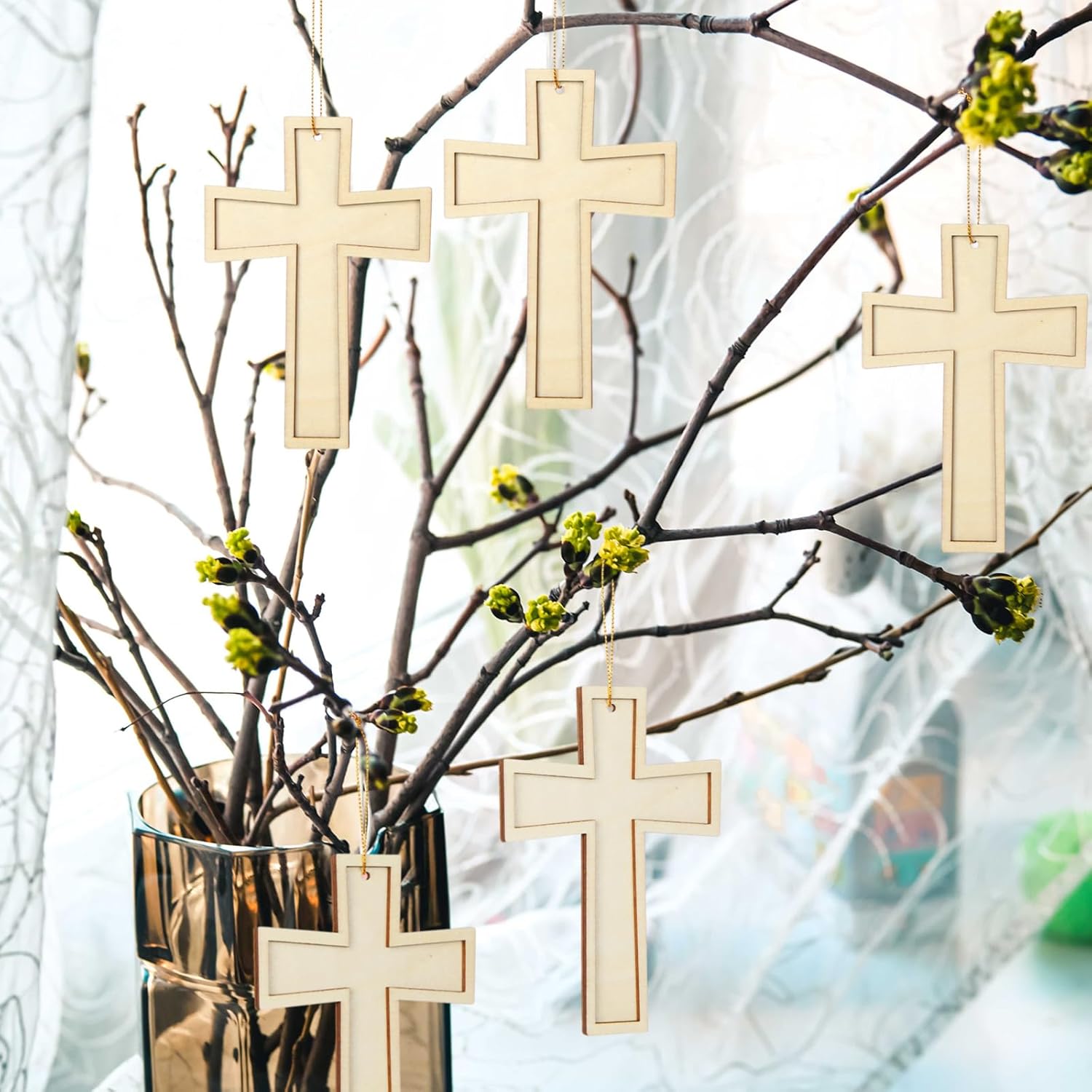 48 Pack Cross Wooden Hanging Ornaments Unfinished Wood Blank Cross Craft with Gold String for Easter Tree Wedding Birthday Halloween Christmas Party Decoration - Image 6
