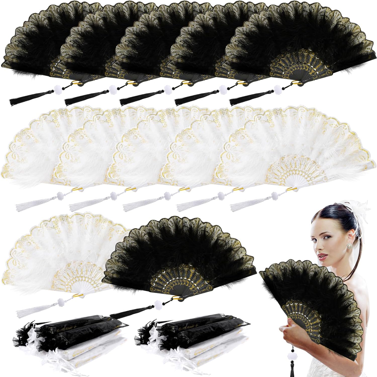 12 Sets Marabou Feather Fan Bulk 20s Folding Fan Wedding Party Favor Lace Vintage Embroidered Flapper Costume Women Dancing Party (White,Black) - Image 1