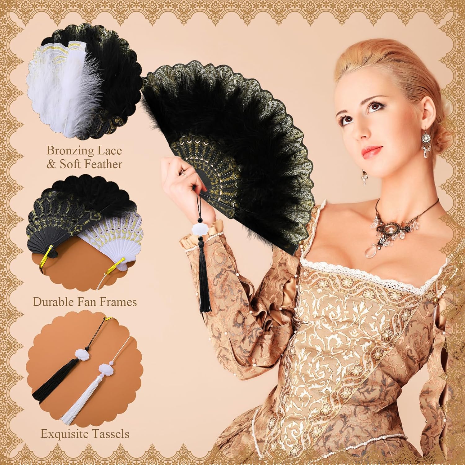 12 Sets Marabou Feather Fan Bulk 20s Folding Fan Wedding Party Favor Lace Vintage Embroidered Flapper Costume Women Dancing Party (White,Black) - Image 2