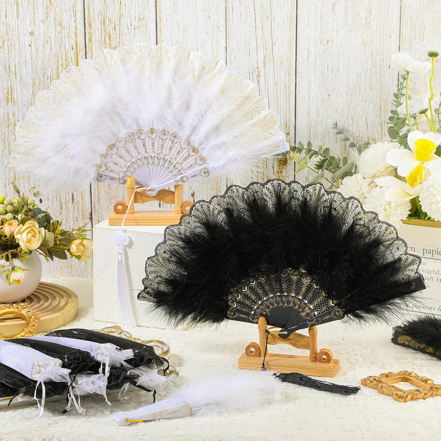12 Sets Marabou Feather Fan Bulk 20s Folding Fan Wedding Party Favor Lace Vintage Embroidered Flapper Costume Women Dancing Party (White,Black) - Image 3