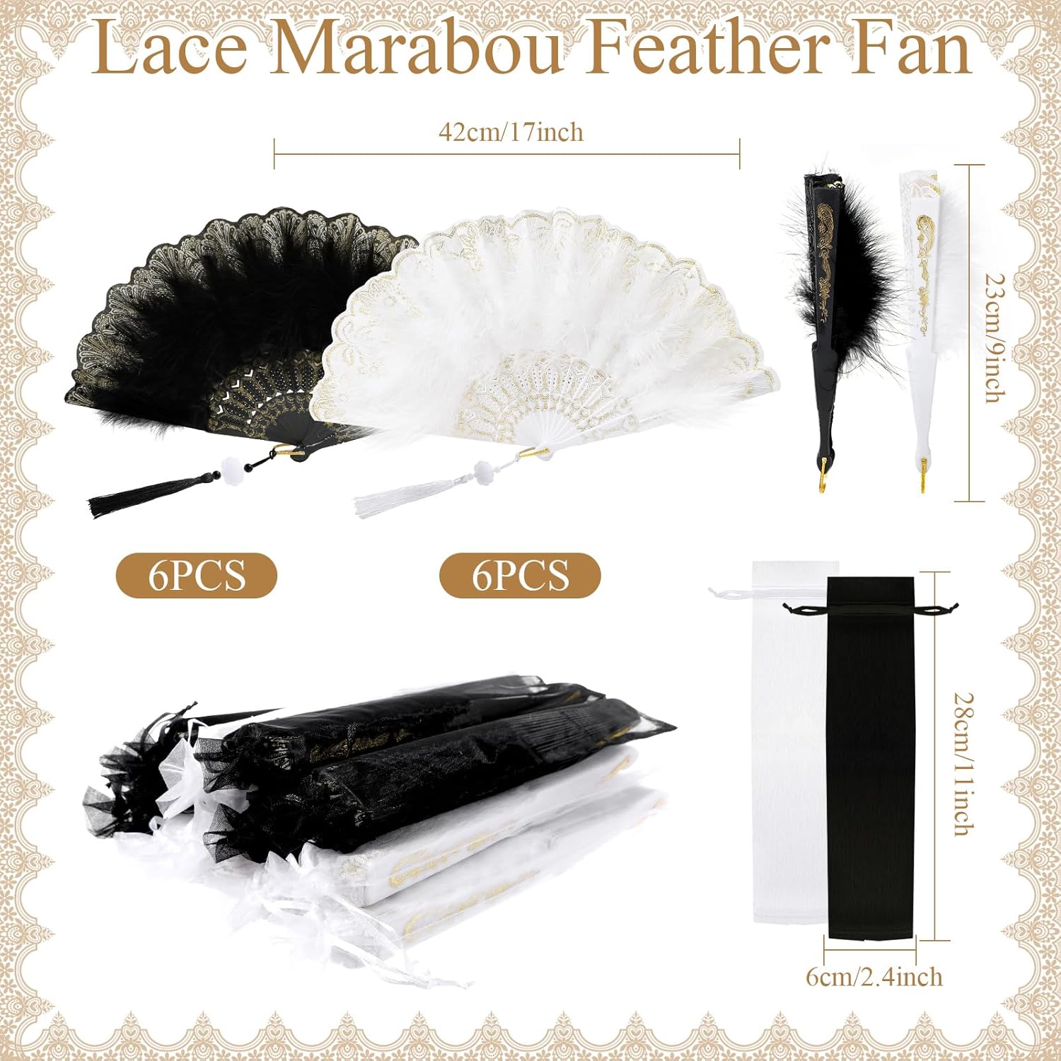 12 Sets Marabou Feather Fan Bulk 20s Folding Fan Wedding Party Favor Lace Vintage Embroidered Flapper Costume Women Dancing Party (White,Black) - Image 4