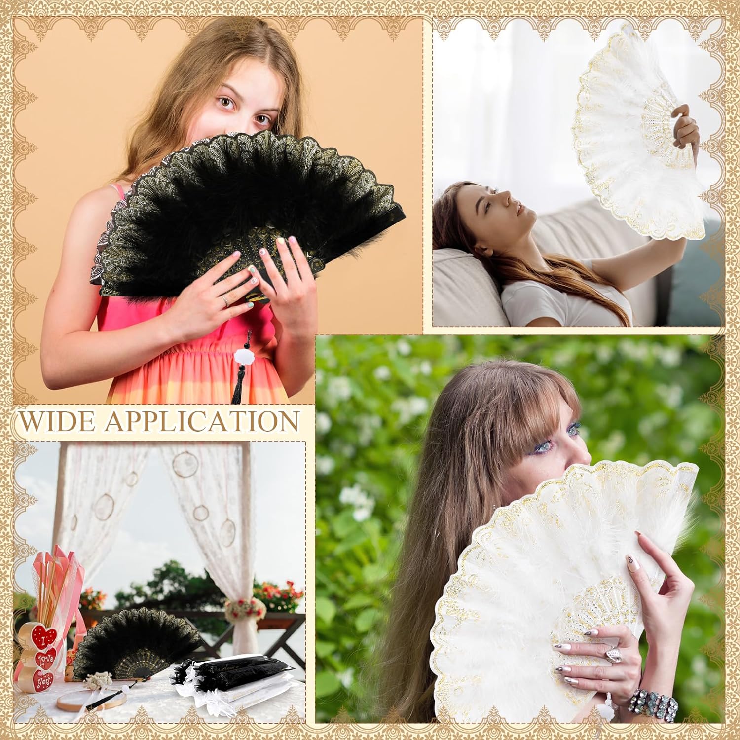 12 Sets Marabou Feather Fan Bulk 20s Folding Fan Wedding Party Favor Lace Vintage Embroidered Flapper Costume Women Dancing Party (White,Black) - Image 5