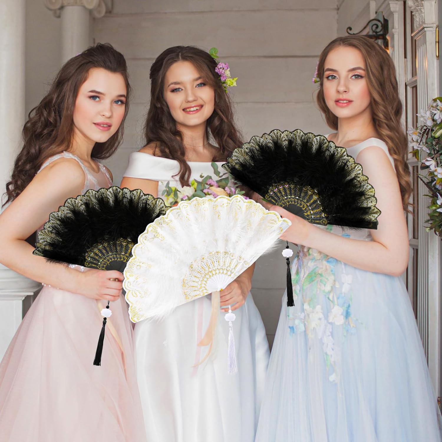 12 Sets Marabou Feather Fan Bulk 20s Folding Fan Wedding Party Favor Lace Vintage Embroidered Flapper Costume Women Dancing Party (White,Black) - Image 6