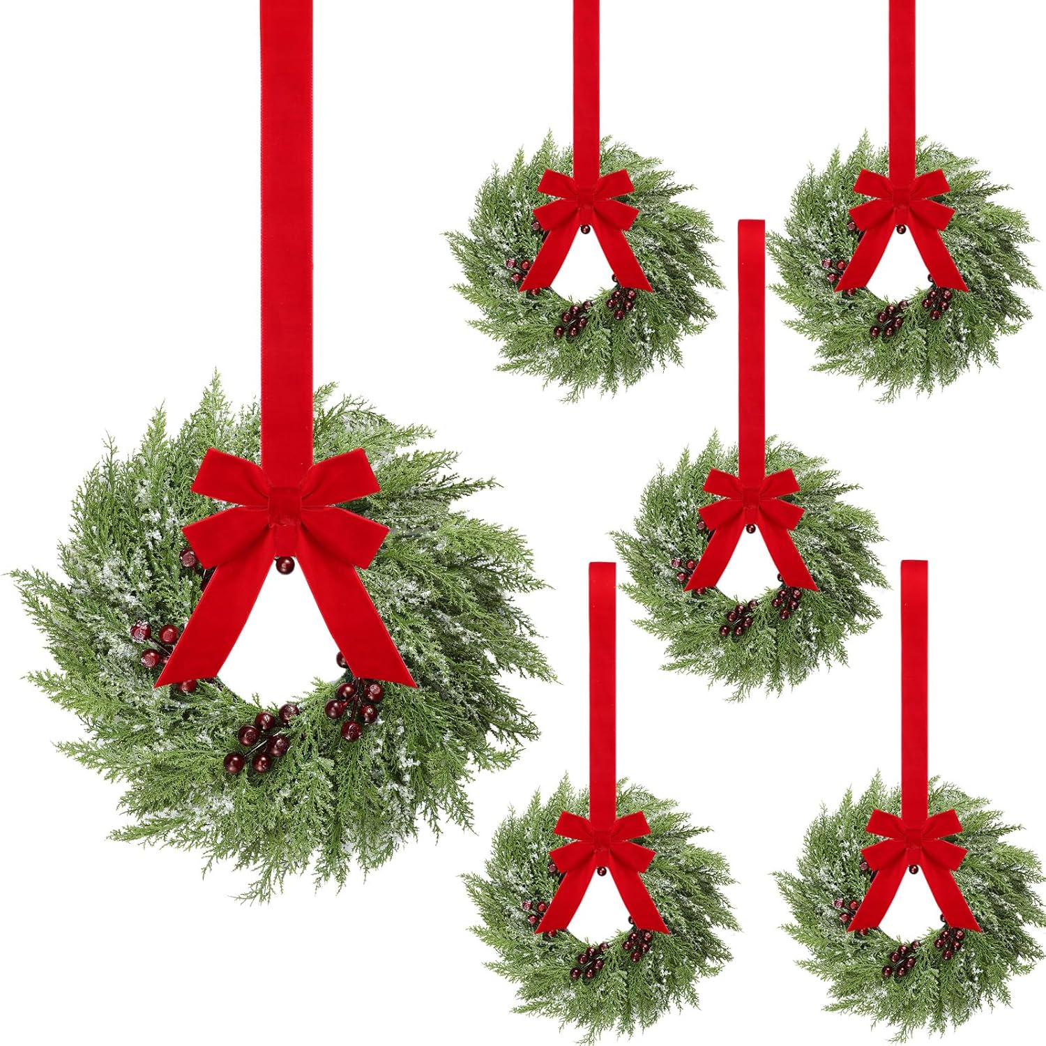 6 Pcs Small Christmas Norfolk Wreaths 15 Inch Christmas Kitchen Cabinet Mini Wreath with Bow Ribbon Cedar Berry for Xmas Front Door Window Chair Fireplace Table Pillar Farmhouse - Image 1