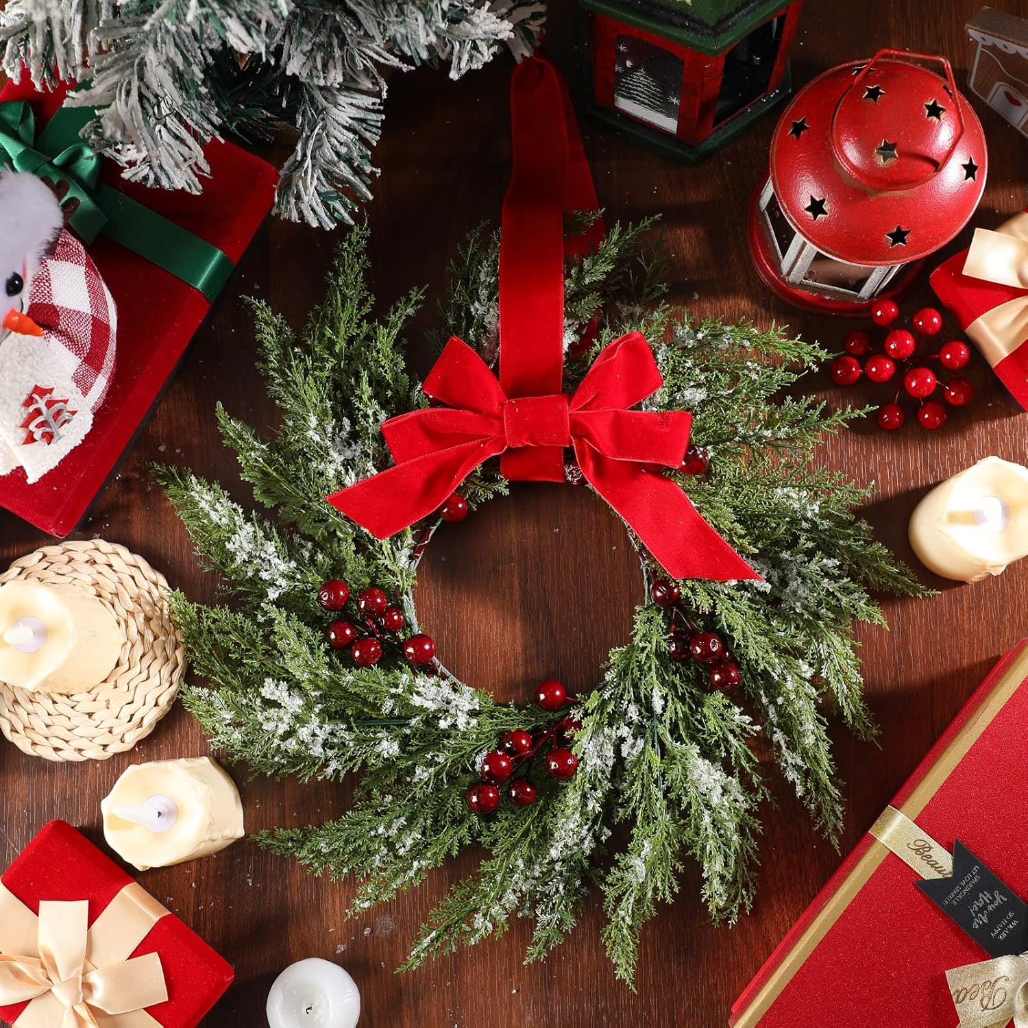 6 Pcs Small Christmas Norfolk Wreaths 15 Inch Christmas Kitchen Cabinet Mini Wreath with Bow Ribbon Cedar Berry for Xmas Front Door Window Chair Fireplace Table Pillar Farmhouse - Image 2