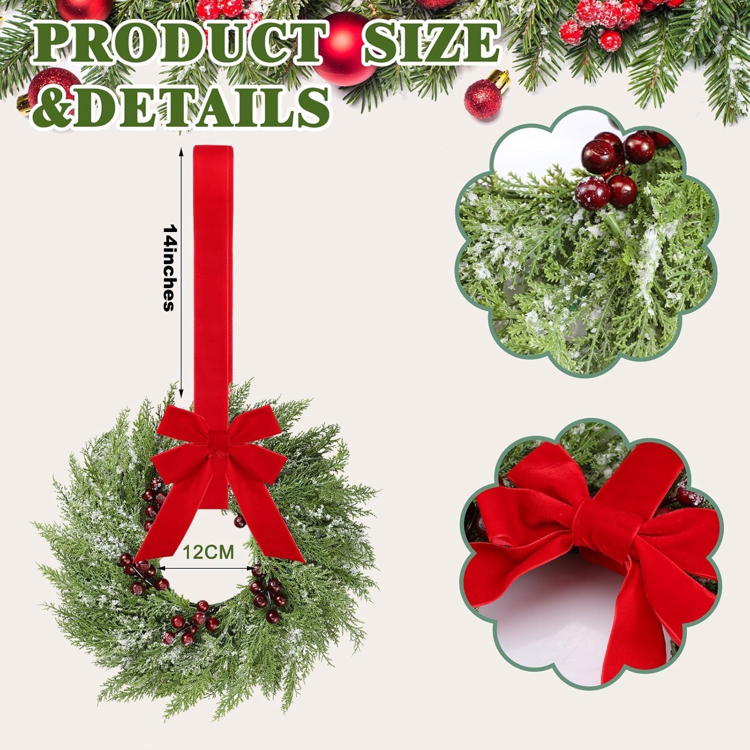 6 Pcs Small Christmas Norfolk Wreaths 15 Inch Christmas Kitchen Cabinet Mini Wreath with Bow Ribbon Cedar Berry for Xmas Front Door Window Chair Fireplace Table Pillar Farmhouse - Image 3