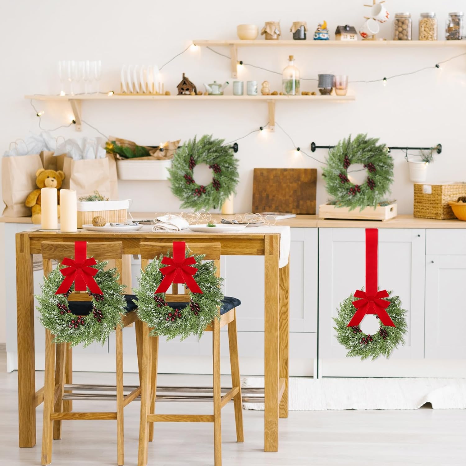 6 Pcs Small Christmas Norfolk Wreaths 15 Inch Christmas Kitchen Cabinet Mini Wreath with Bow Ribbon Cedar Berry for Xmas Front Door Window Chair Fireplace Table Pillar Farmhouse - Image 4