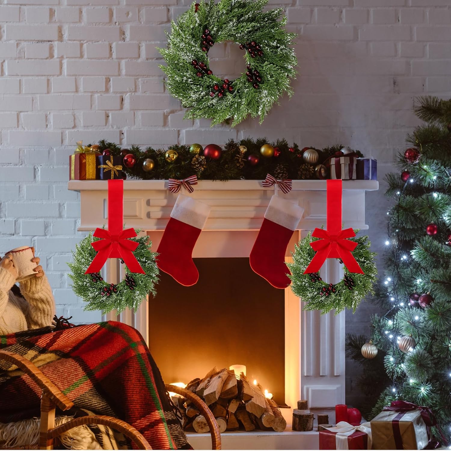 6 Pcs Small Christmas Norfolk Wreaths 15 Inch Christmas Kitchen Cabinet Mini Wreath with Bow Ribbon Cedar Berry for Xmas Front Door Window Chair Fireplace Table Pillar Farmhouse - Image 5