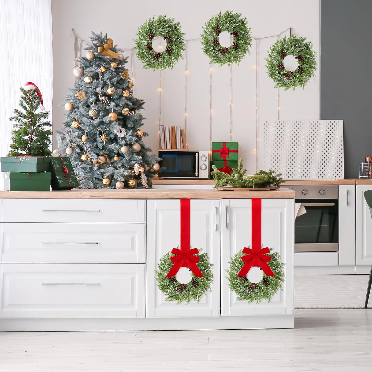 6 Pcs Small Christmas Norfolk Wreaths 15 Inch Christmas Kitchen Cabinet Mini Wreath with Bow Ribbon Cedar Berry for Xmas Front Door Window Chair Fireplace Table Pillar Farmhouse - Image 6
