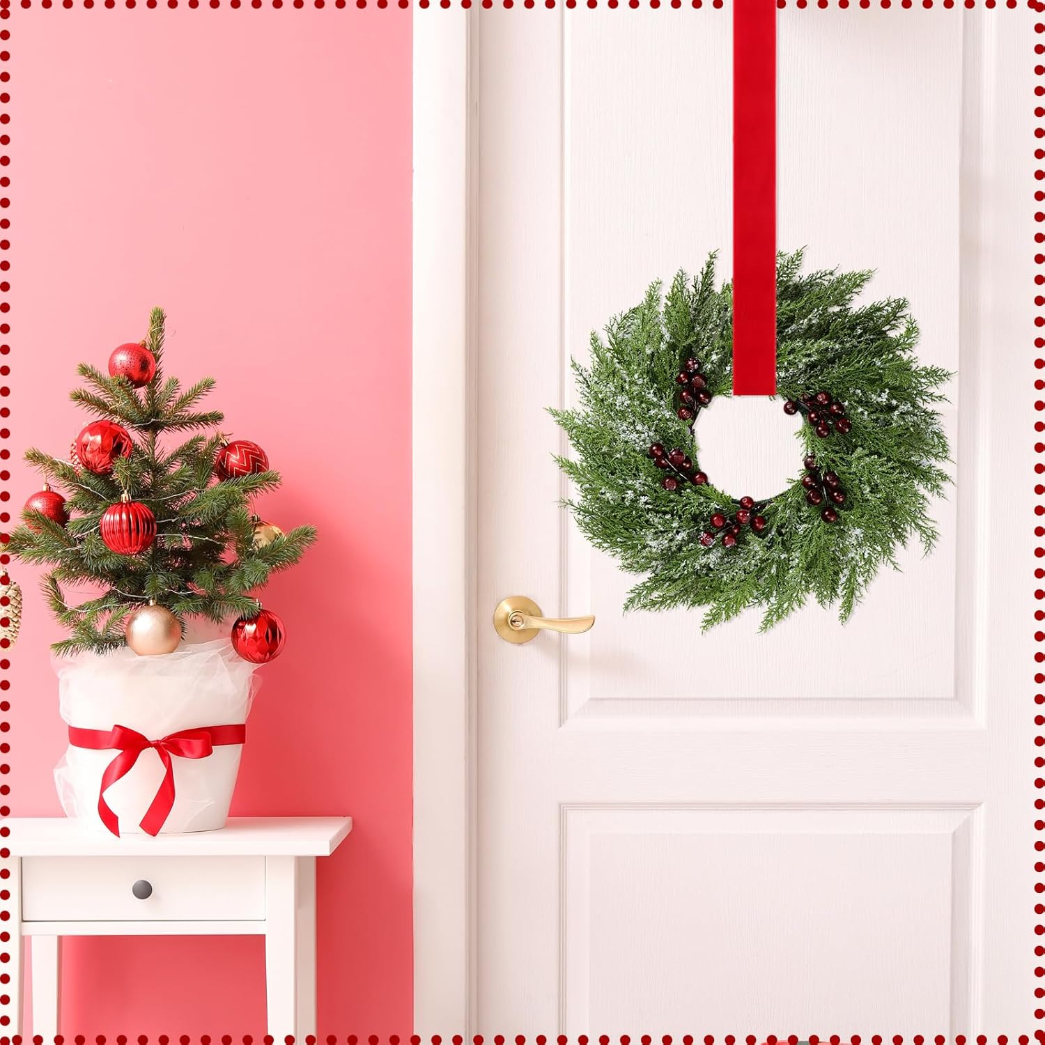 6 Pcs Small Christmas Norfolk Wreaths 15 Inch Christmas Kitchen Cabinet Mini Wreath with Bow Ribbon Cedar Berry for Xmas Front Door Window Chair Fireplace Table Pillar Farmhouse - Image 7
