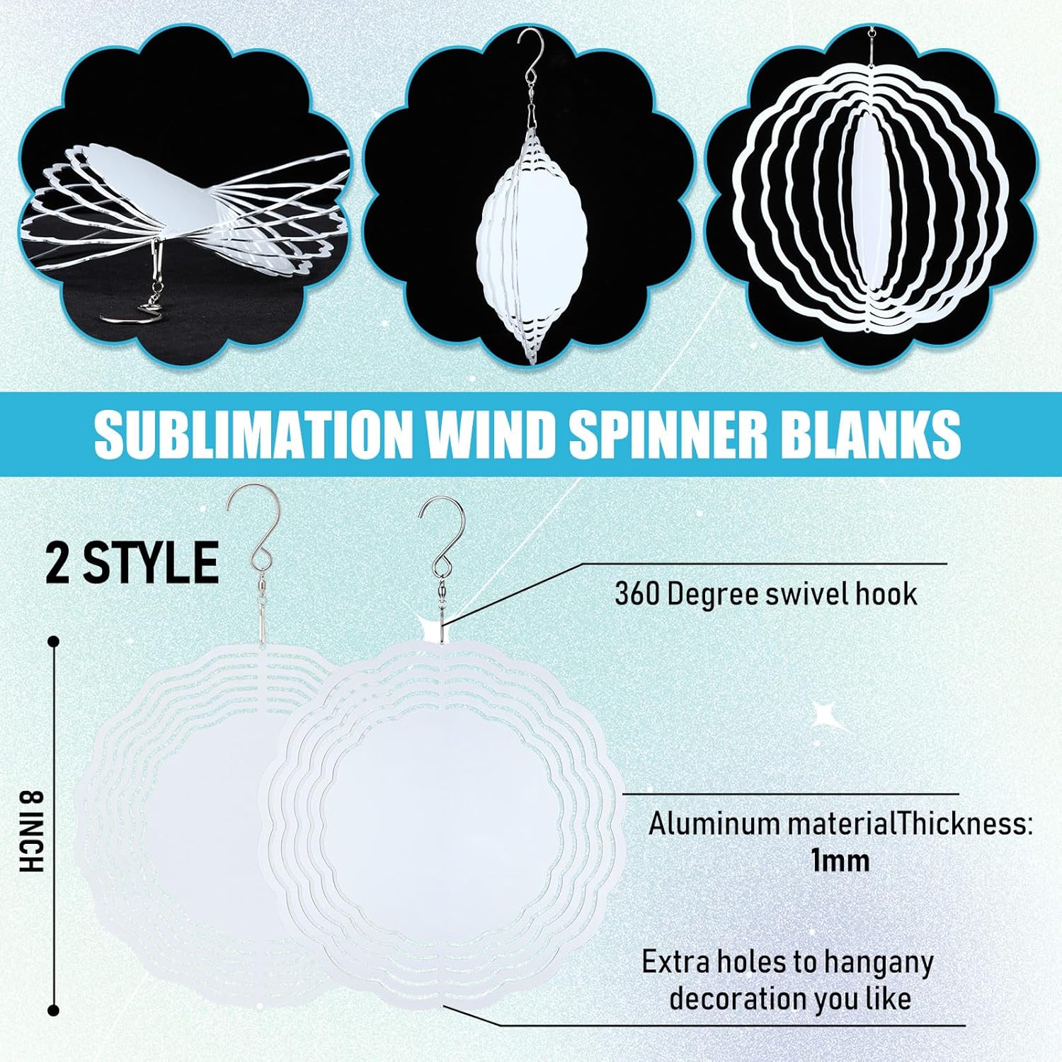 16 Pack 8 Inch Sublimation Wind Spinner Blanks 3D Aluminum Wind Spinners Hanging Wind Spinners DIY Crafts Ornaments Bulk for Indoor Outdoor Garden Yard Window Front Door Decoration, 2 Styles - Image 2