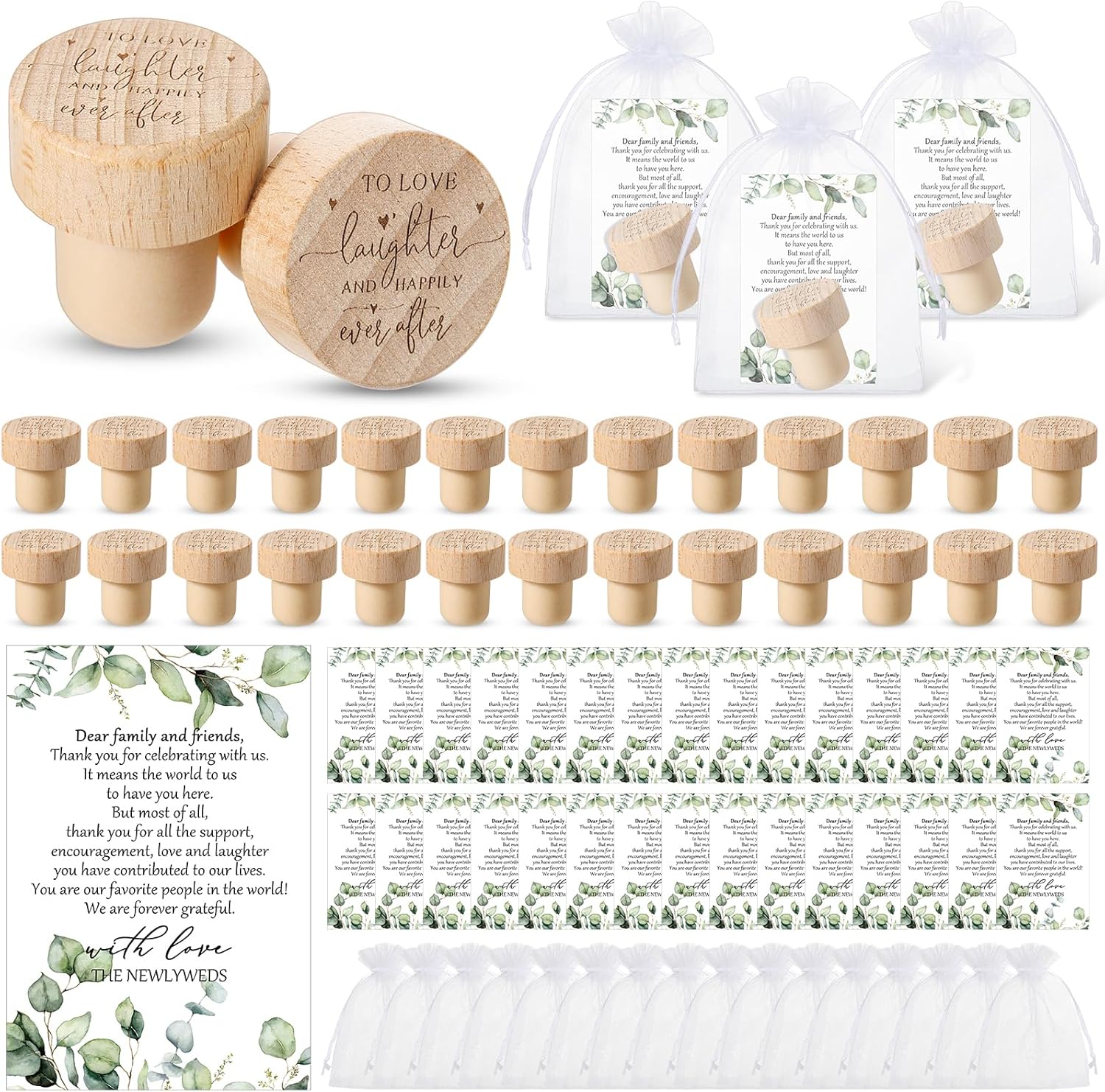50 Sets Wedding Favors for Guests Bulk Engraved Wood Wine Bottle Corks Wine Stopper with Wedding Thank You Cards and Organza Bags Appreciation Gifts for Guest Thank You Gifts(Novelty) - Image 1