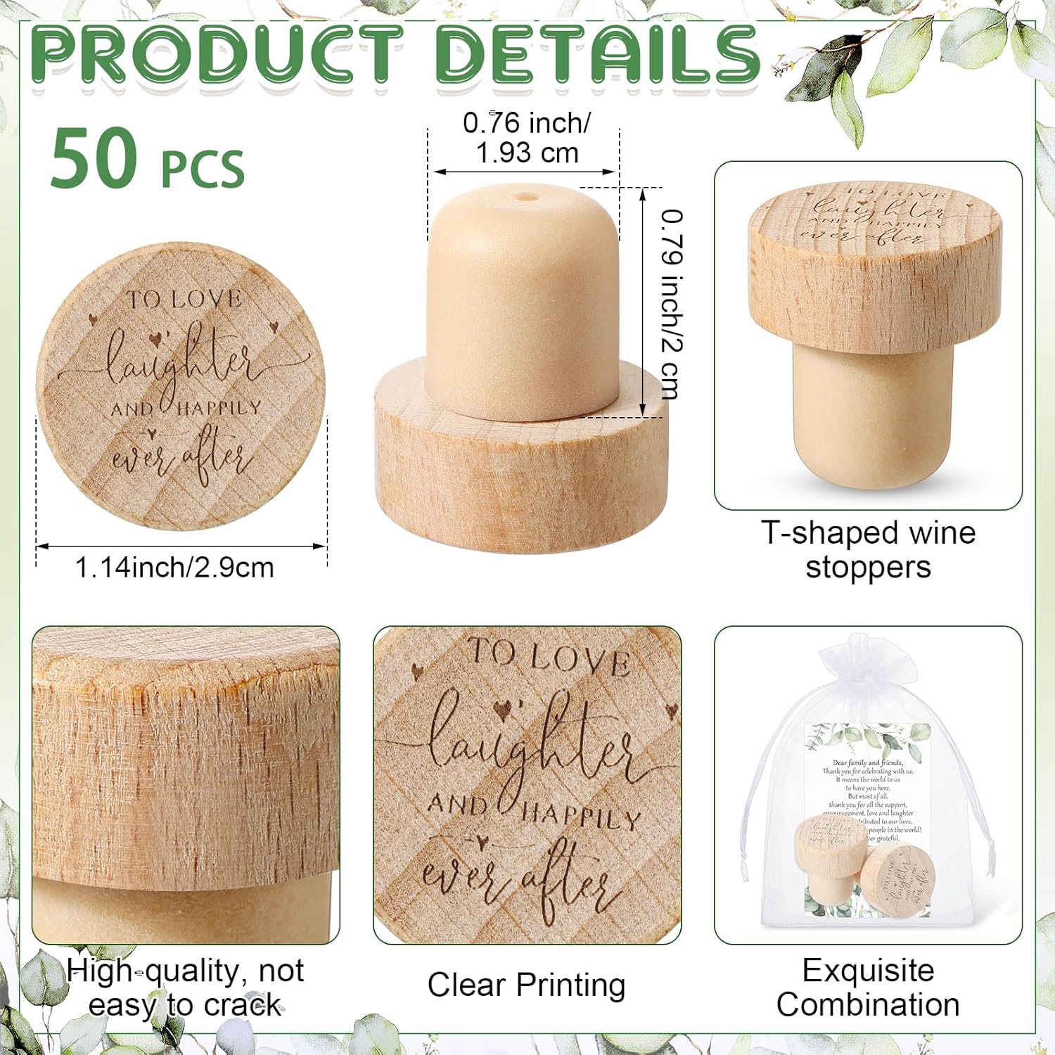 50 Sets Wedding Favors for Guests Bulk Engraved Wood Wine Bottle Corks Wine Stopper with Wedding Thank You Cards and Organza Bags Appreciation Gifts for Guest Thank You Gifts(Novelty) - Image 2