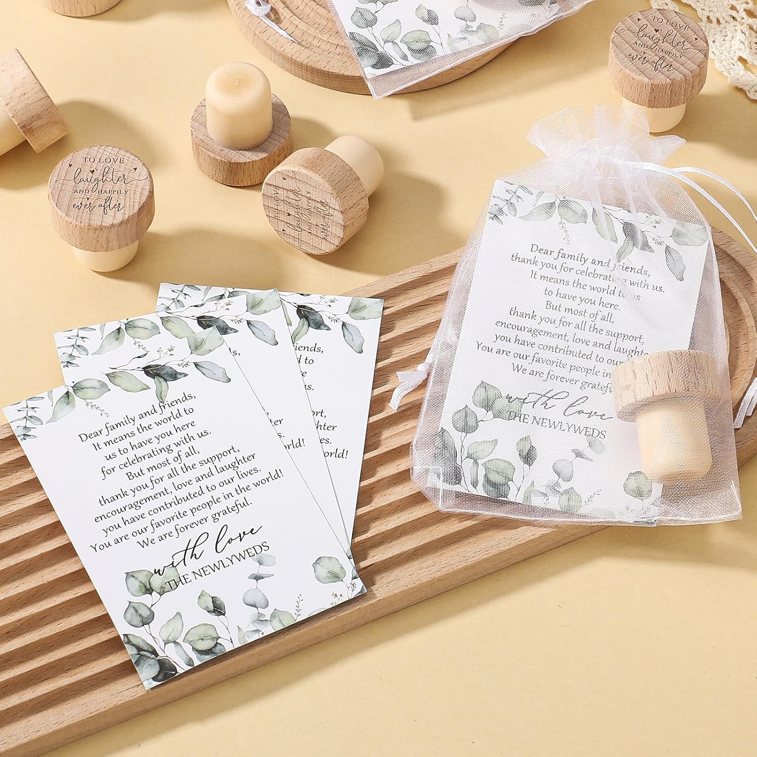 50 Sets Wedding Favors for Guests Bulk Engraved Wood Wine Bottle Corks Wine Stopper with Wedding Thank You Cards and Organza Bags Appreciation Gifts for Guest Thank You Gifts(Novelty) - Image 4