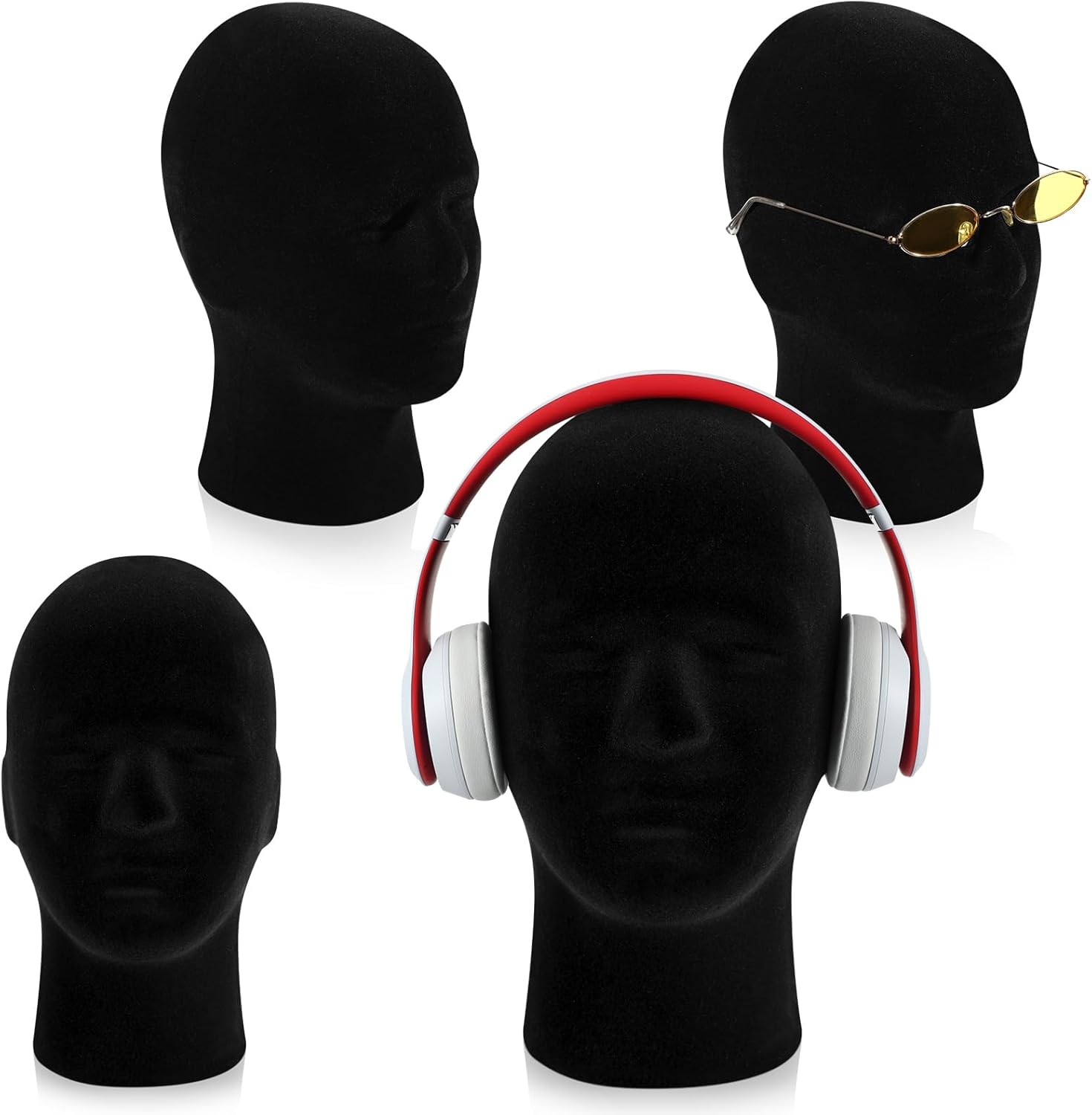 4 Pcs Black Mannequin Head Stand Model Male Wigs Display Model Velvet Foam Mask Display Stand Headsets Mount Manikin Head or Wig Hat Glasses - Image 1
