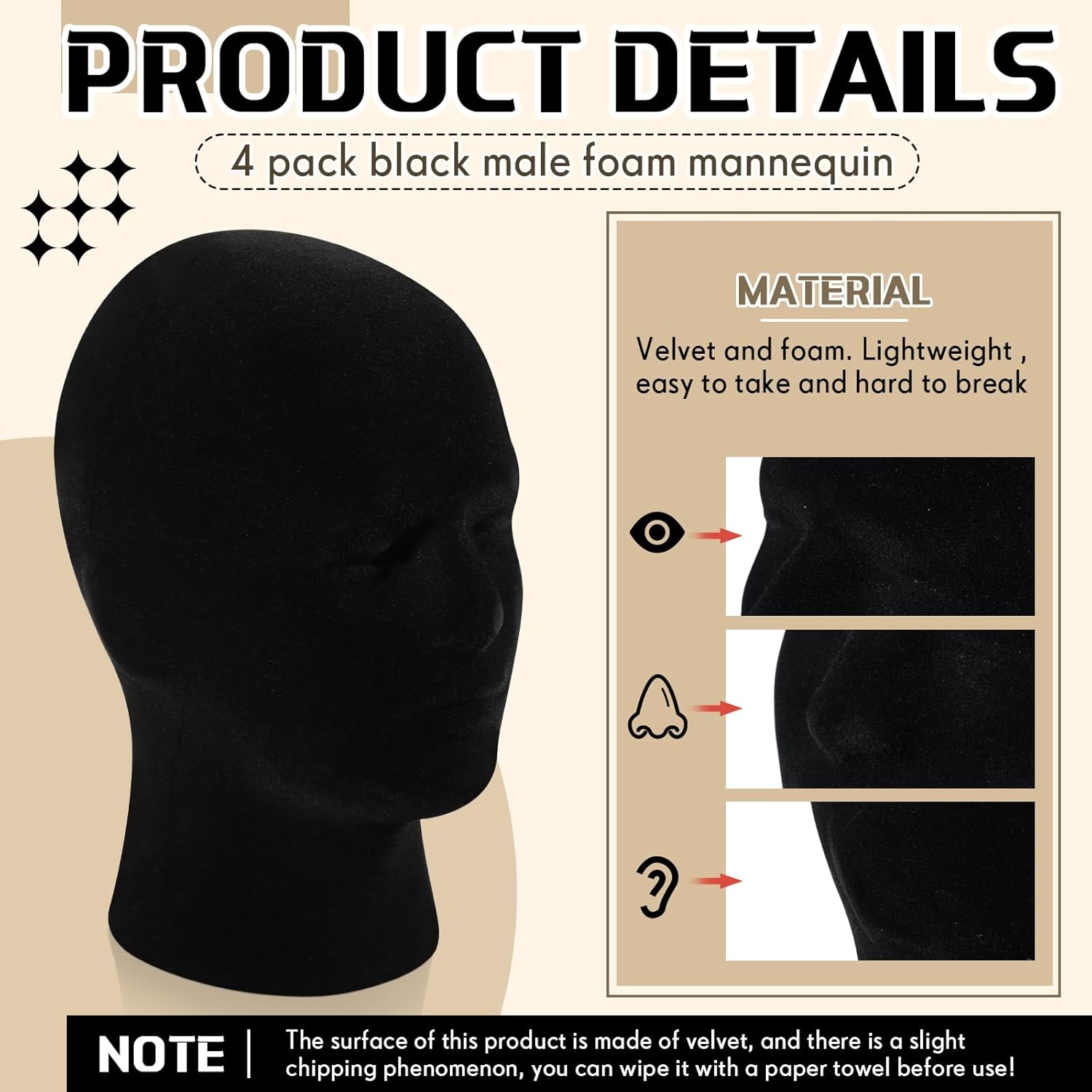 4 Pcs Black Mannequin Head Stand Model Male Wigs Display Model Velvet Foam Mask Display Stand Headsets Mount Manikin Head or Wig Hat Glasses - Image 3
