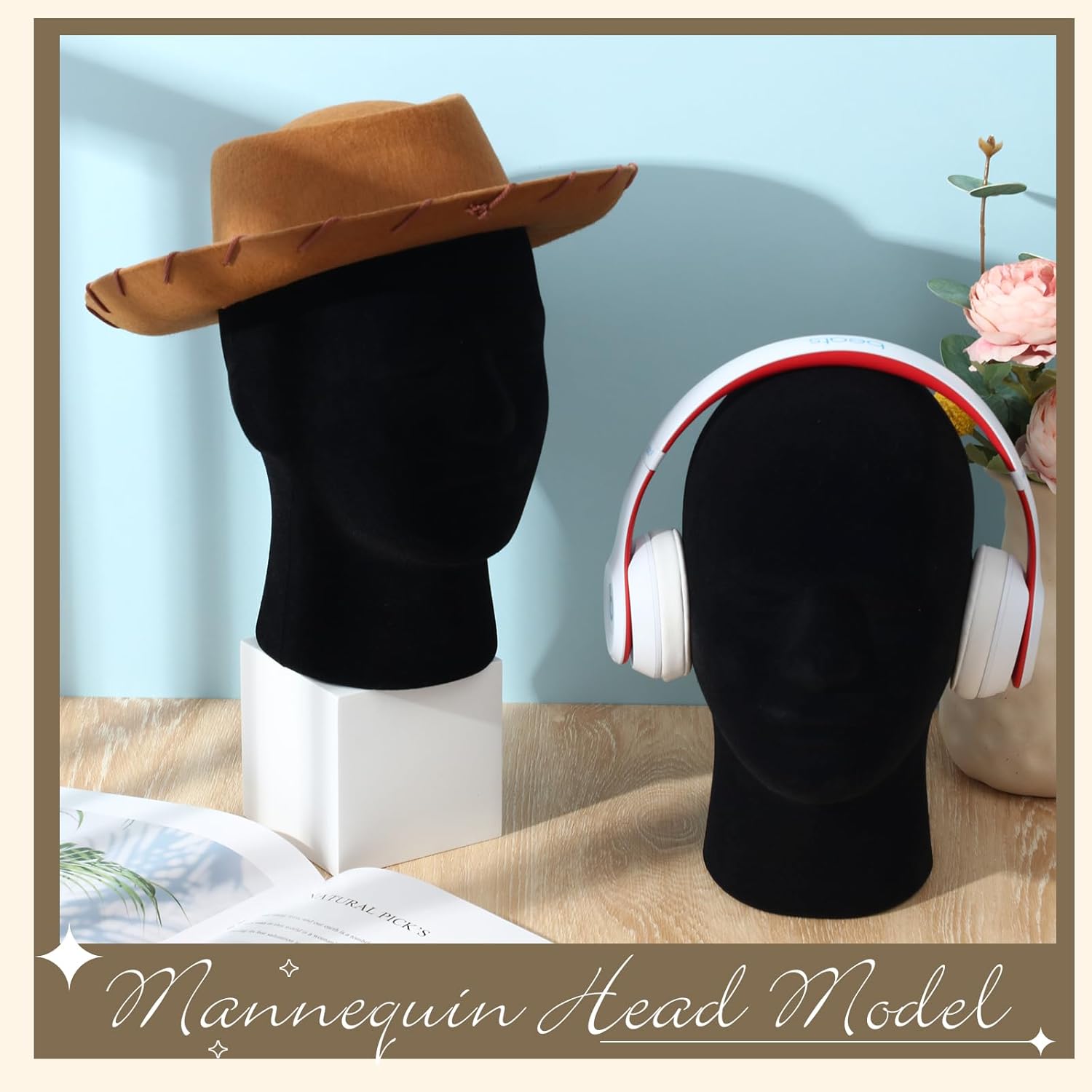 4 Pcs Black Mannequin Head Stand Model Male Wigs Display Model Velvet Foam Mask Display Stand Headsets Mount Manikin Head or Wig Hat Glasses - Image 4
