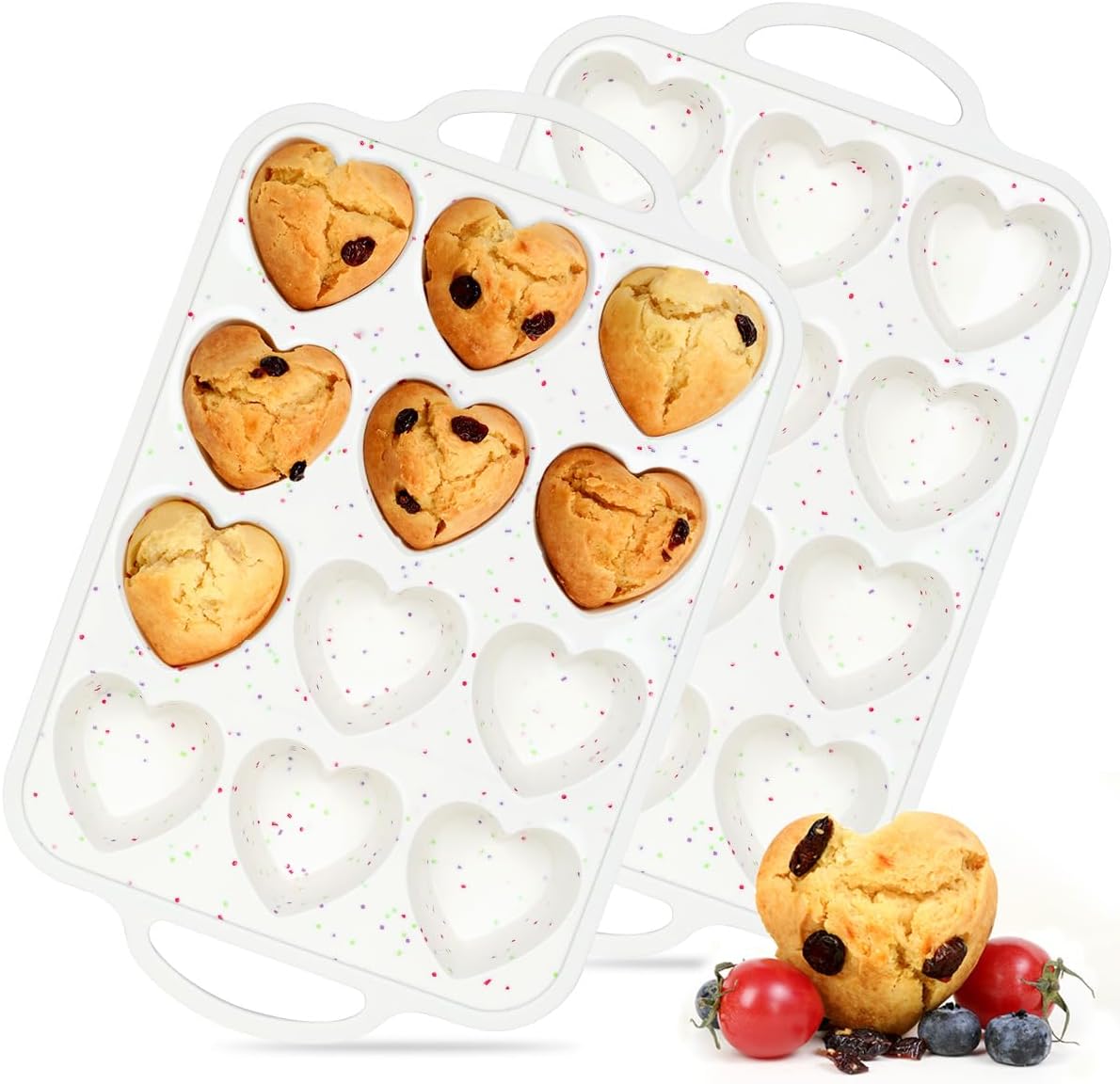 Heart Shaped Silicone Muffin Pan, Metal Reinforced Frame 12 Cups Silicone Molds for Valentine's Day Baking Muffins, Cupcakes, Tartlets, Egg Bites, Chocolate Muffin, Soaps 2 Pack - Image 1