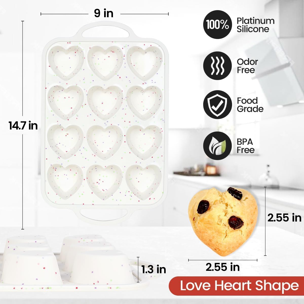 Heart Shaped Silicone Muffin Pan, Metal Reinforced Frame 12 Cups Silicone Molds for Valentine's Day Baking Muffins, Cupcakes, Tartlets, Egg Bites, Chocolate Muffin, Soaps 2 Pack - Image 5
