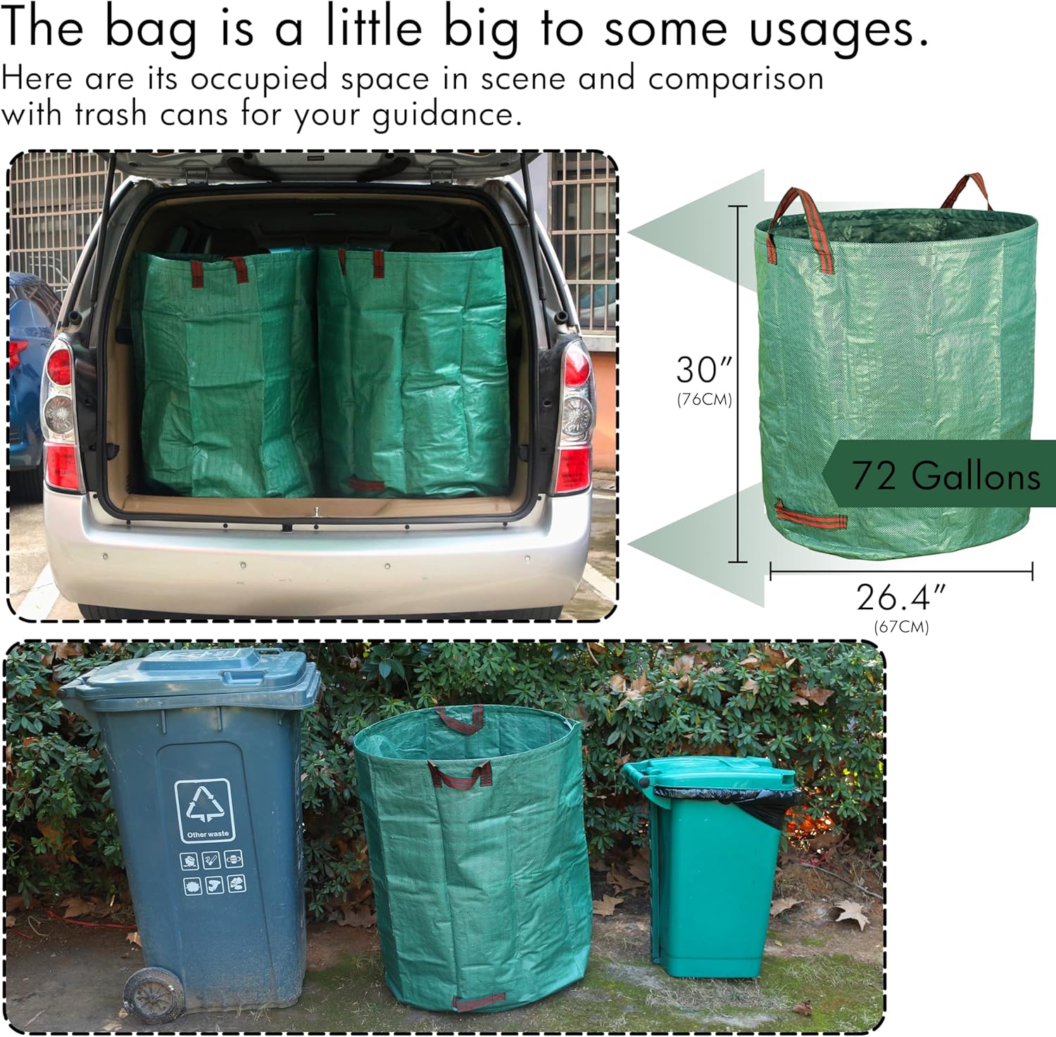 3-Pack 72 Gallon Yard Waste Bags, Reusable Heavy Duty Collapsible Garden Leaf Bags with Plastic Ring, Stand-Up Yard Waste Bin for Leaves, Lawn Debris & Grass Clippings - Image 2