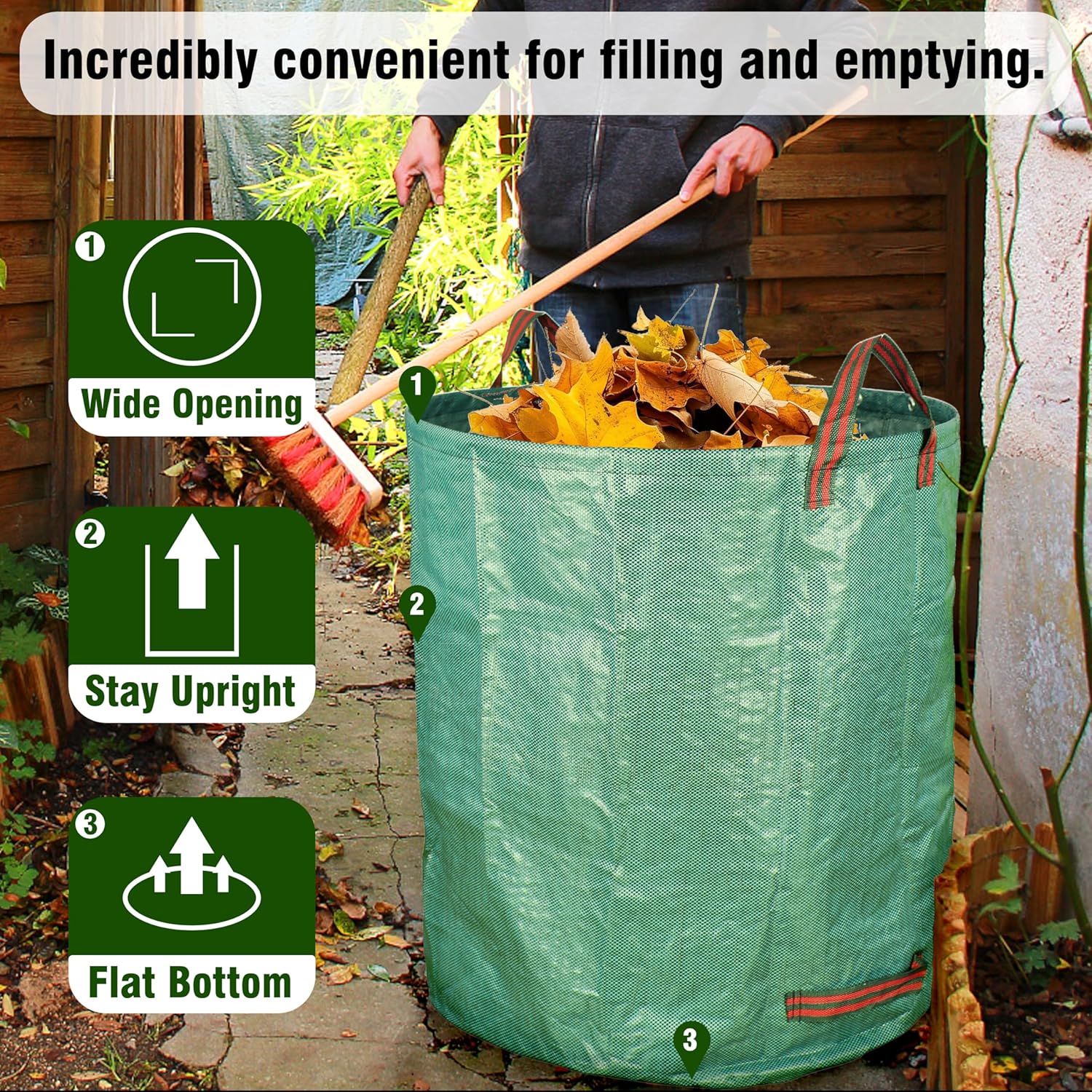 3-Pack 72 Gallon Yard Waste Bags, Reusable Heavy Duty Collapsible Garden Leaf Bags with Plastic Ring, Stand-Up Yard Waste Bin for Leaves, Lawn Debris & Grass Clippings - Image 3