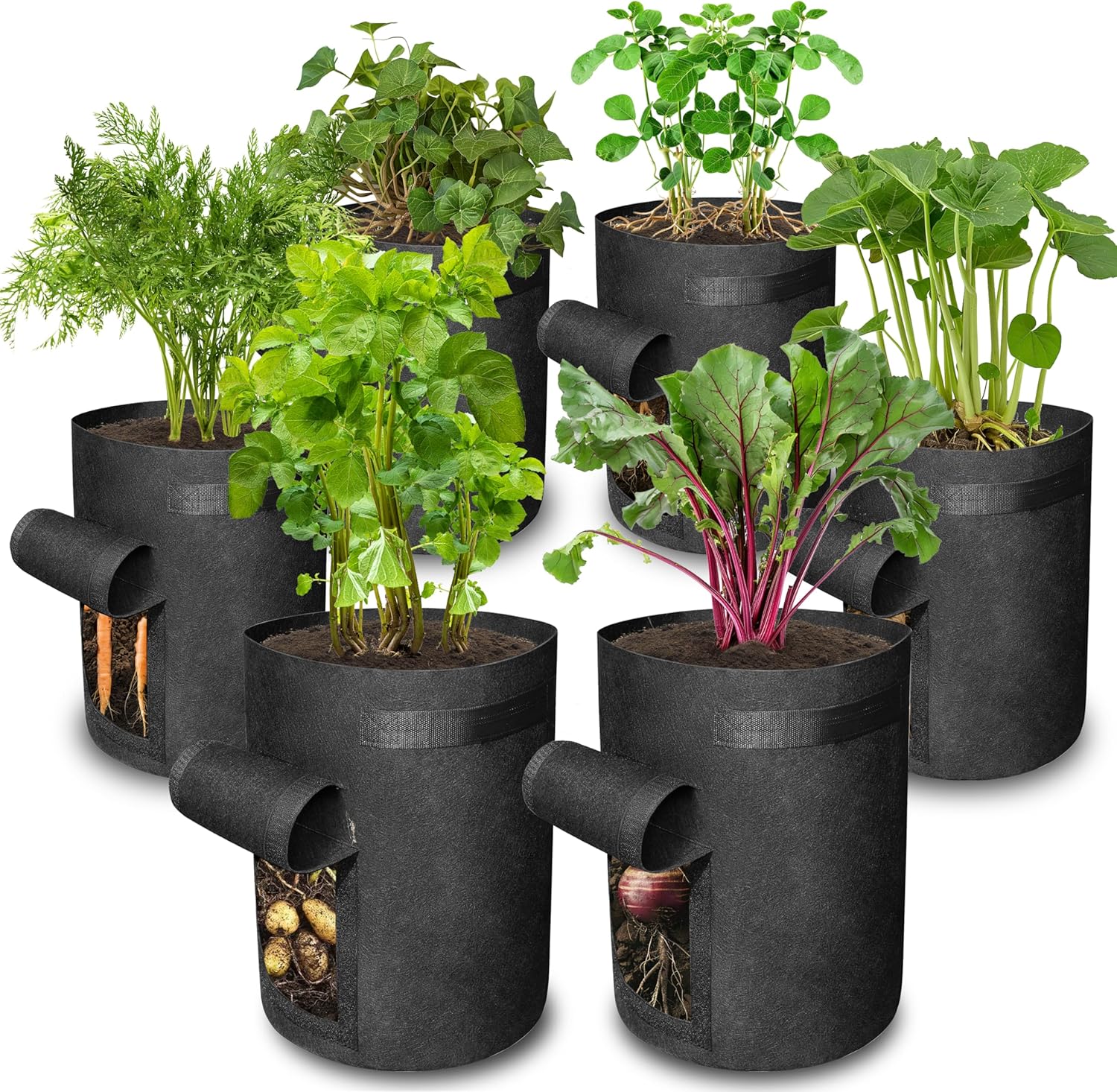 6 Pack BPA-Free 10 Gallon Vegetable Grow Bags with Access Flap and Handles, Suitable for Planting Potato, Taro, Beets, Carrots, Onions, Peanut - Image 1