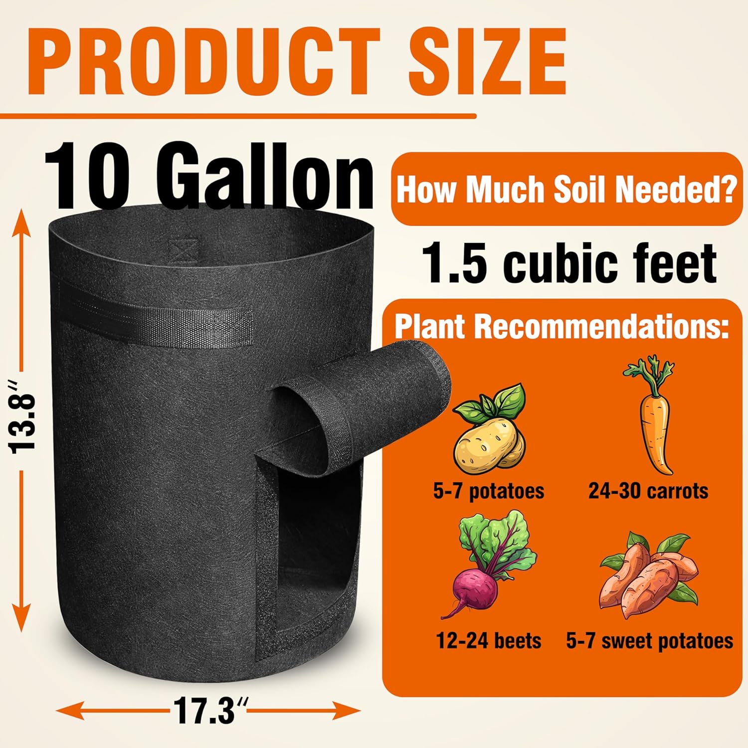 6 Pack BPA-Free 10 Gallon Vegetable Grow Bags with Access Flap and Handles, Suitable for Planting Potato, Taro, Beets, Carrots, Onions, Peanut - Image 2