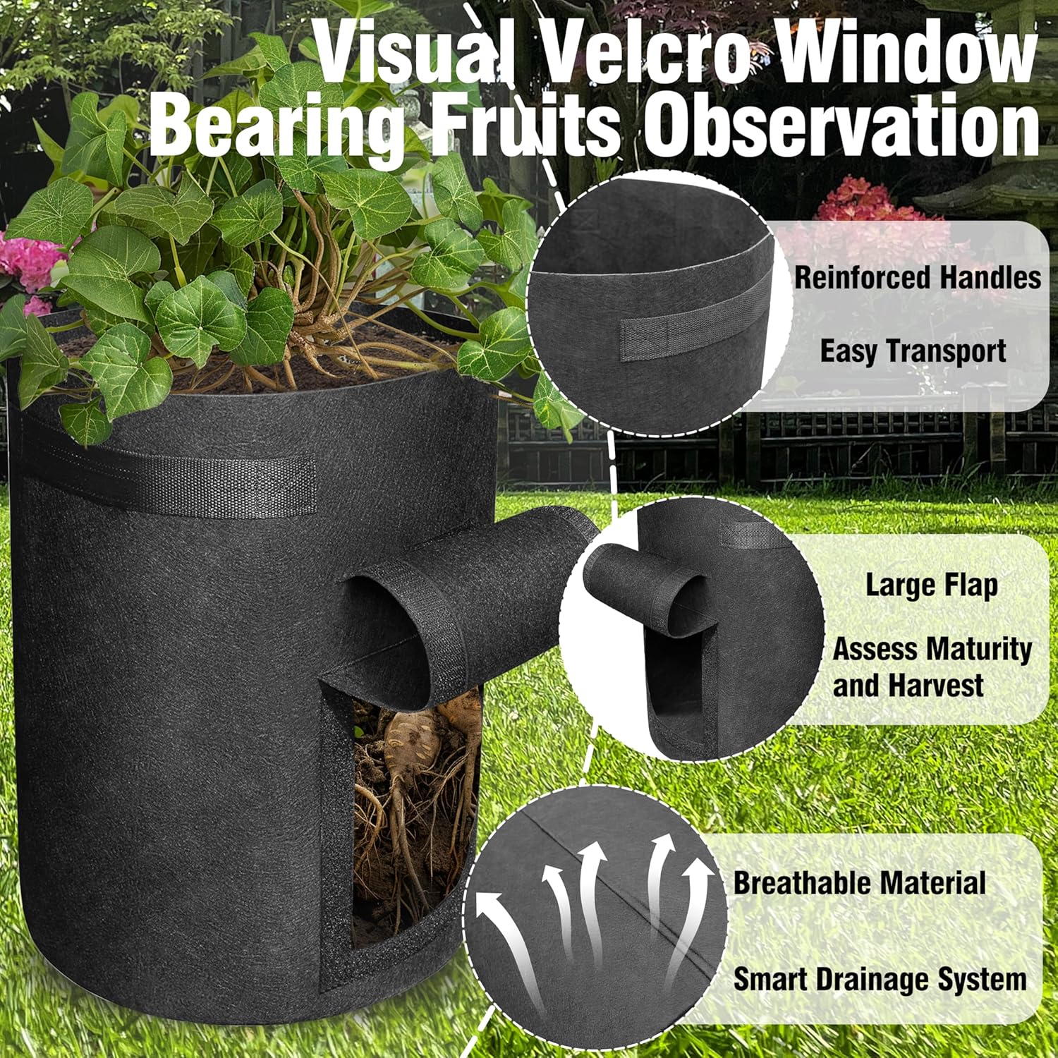 6 Pack BPA-Free 10 Gallon Vegetable Grow Bags with Access Flap and Handles, Suitable for Planting Potato, Taro, Beets, Carrots, Onions, Peanut - Image 3