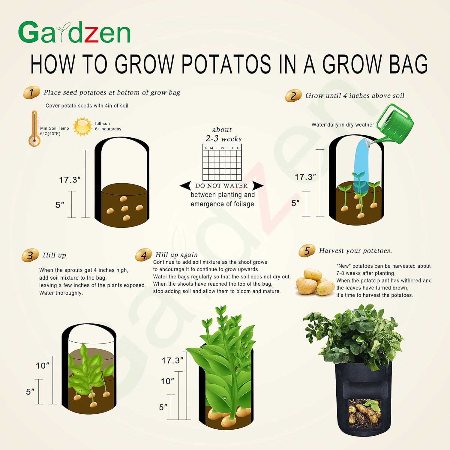 6 Pack BPA-Free 10 Gallon Vegetable Grow Bags with Access Flap and Handles, Suitable for Planting Potato, Taro, Beets, Carrots, Onions, Peanut - Image 6