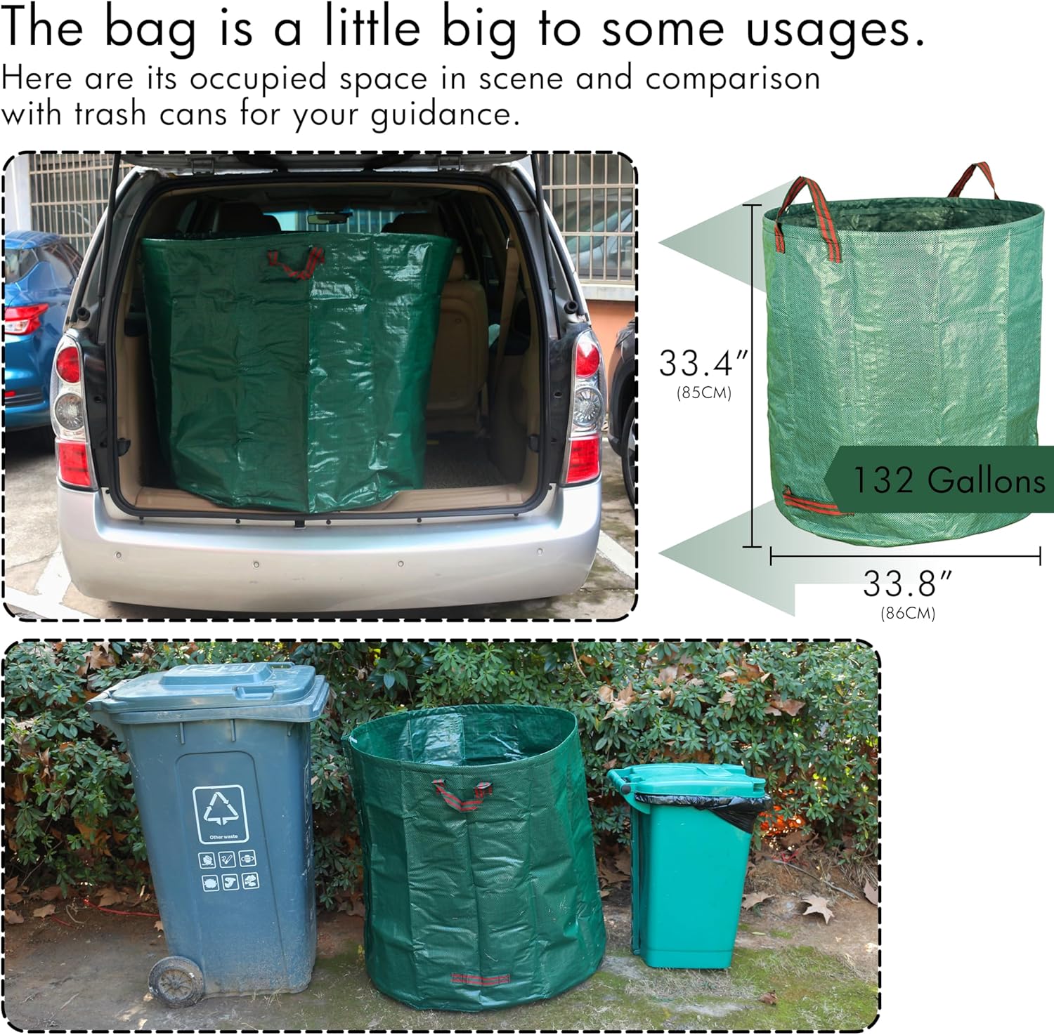 2-Pack 132 Gallon Yard Waste Bags, Reusable Heavy Duty Collapsible Garden Leaf Bags with Plastic Ring, Stand-Up Yard Waste Bin for Leaves, Lawn Debris & Grass Clippings - Image 2