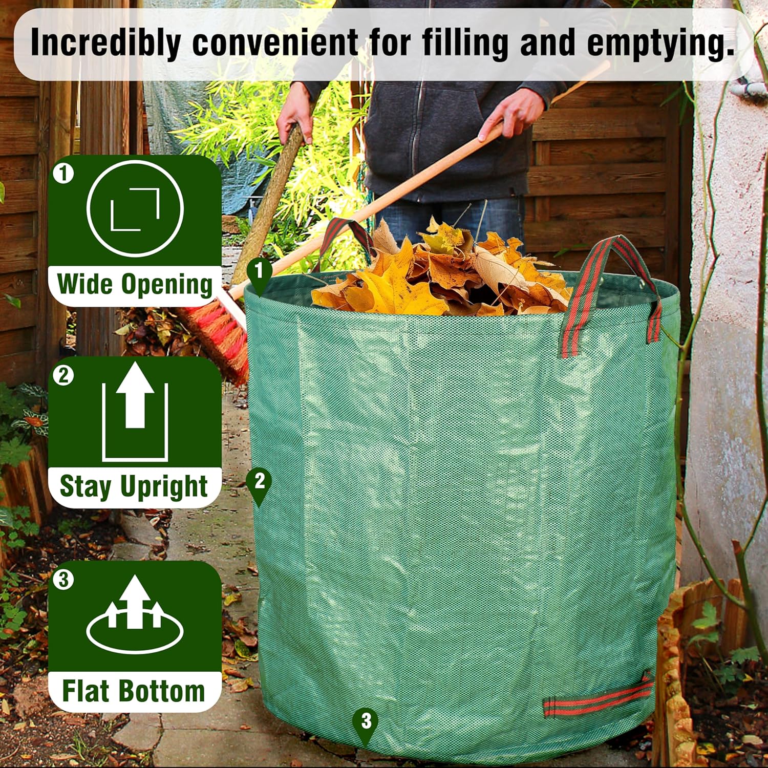 2-Pack 132 Gallon Yard Waste Bags, Reusable Heavy Duty Collapsible Garden Leaf Bags with Plastic Ring, Stand-Up Yard Waste Bin for Leaves, Lawn Debris & Grass Clippings - Image 3