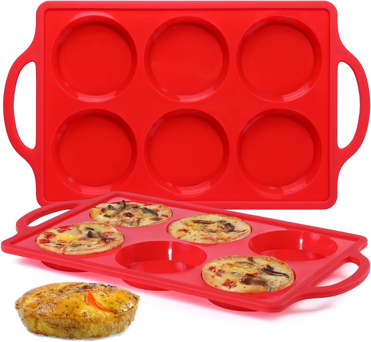 Silicone Egg Molds, 3 Inch Muffin Top Pans Non Stick with Metal Framed, Baking Pan for Breakfast Sandwiches, English Muffins, Whoopie Pies, Corn Bread, Egg Bites, Hamburger Bun, Tarts 2 Pack Red - Image 1