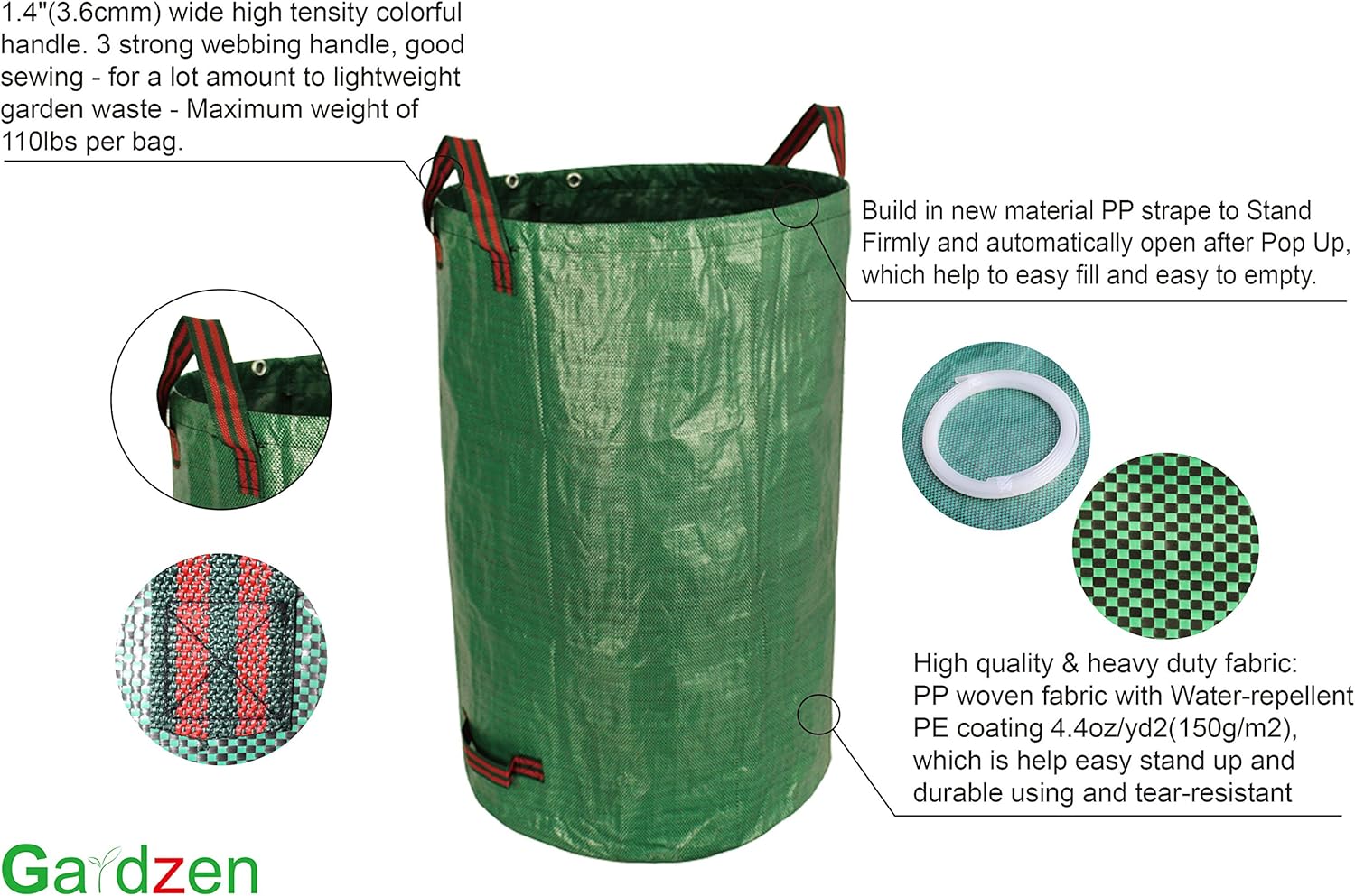 3-Pack 32 Gallon Yard Waste Bags, Reusable Heavy Duty Collapsible Garden Leaf Bags with Plastic Ring, Stand-Up Yard Waste Bin for Leaves, Lawn Debris & Grass Clippings - Image 2