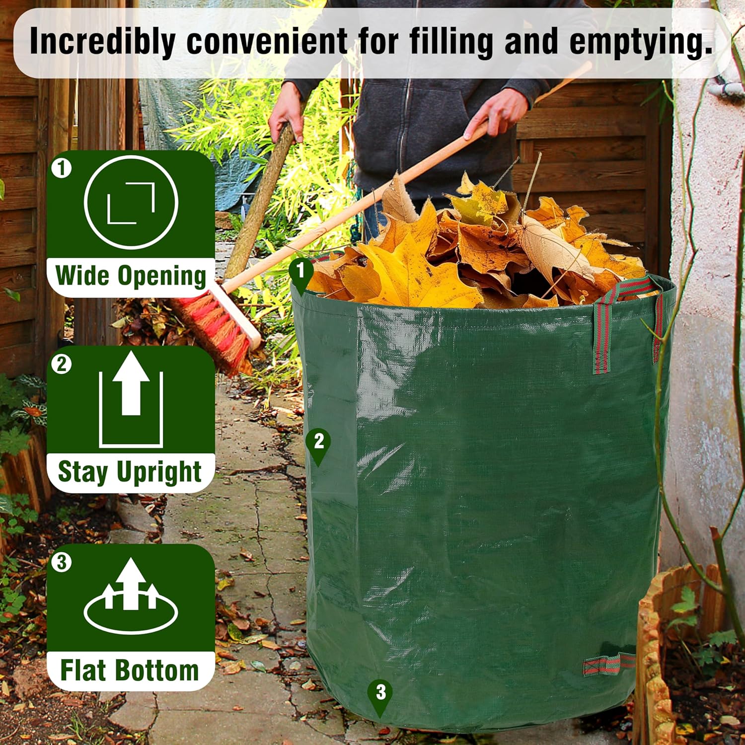 3-Pack 72 Gallon Yard Waste Bags, Reusable Heavy Duty Collapsible Garden Leaf Bags with Plastic Ring, Stand-Up Yard Waste Bin for Leaves, Lawn Debris & Grass Clippings, PE Material - Image 2