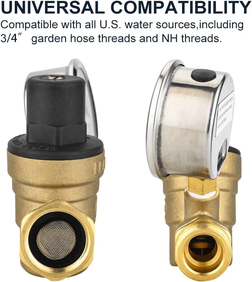 RV Water Pressure Regulator Valve, Adjustable Water Pressure Reducer with Gauge and Inlet Screen Filter for RV Camper Travel Trailer,(TOOL029) - Image 2