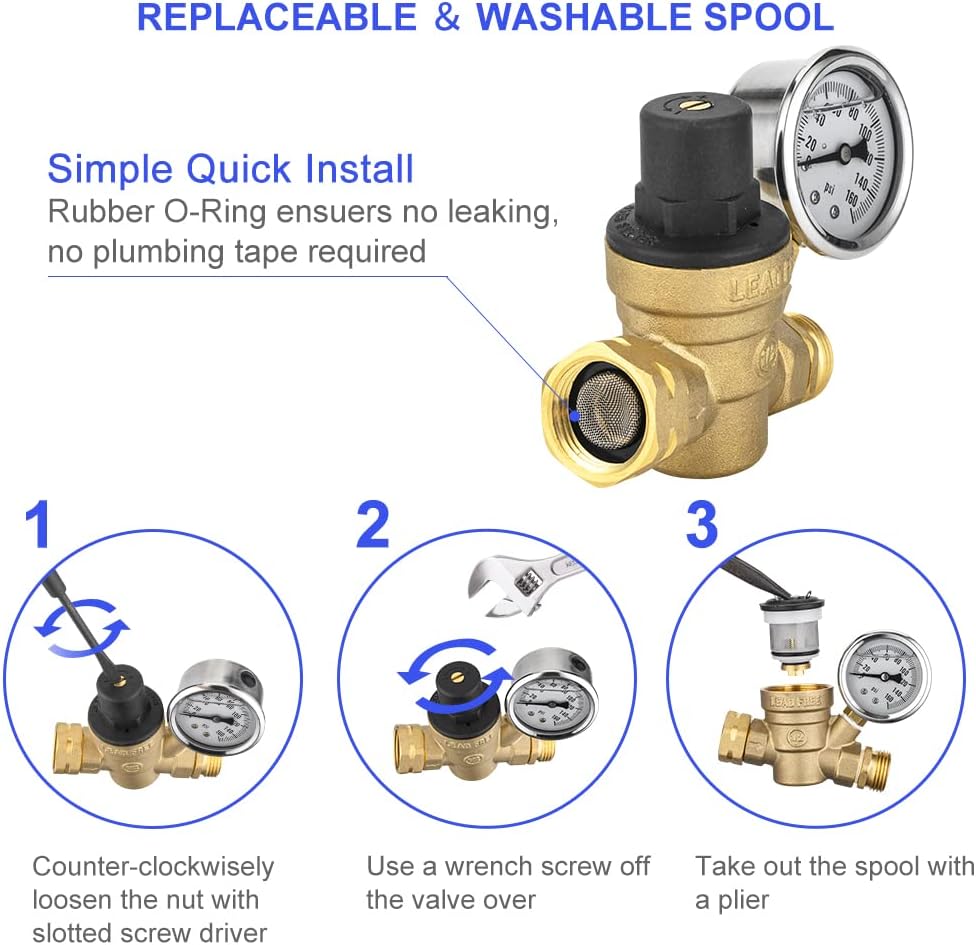 RV Water Pressure Regulator Valve, Adjustable Water Pressure Reducer with Gauge and Inlet Screen Filter for RV Camper Travel Trailer,(TOOL029) - Image 5