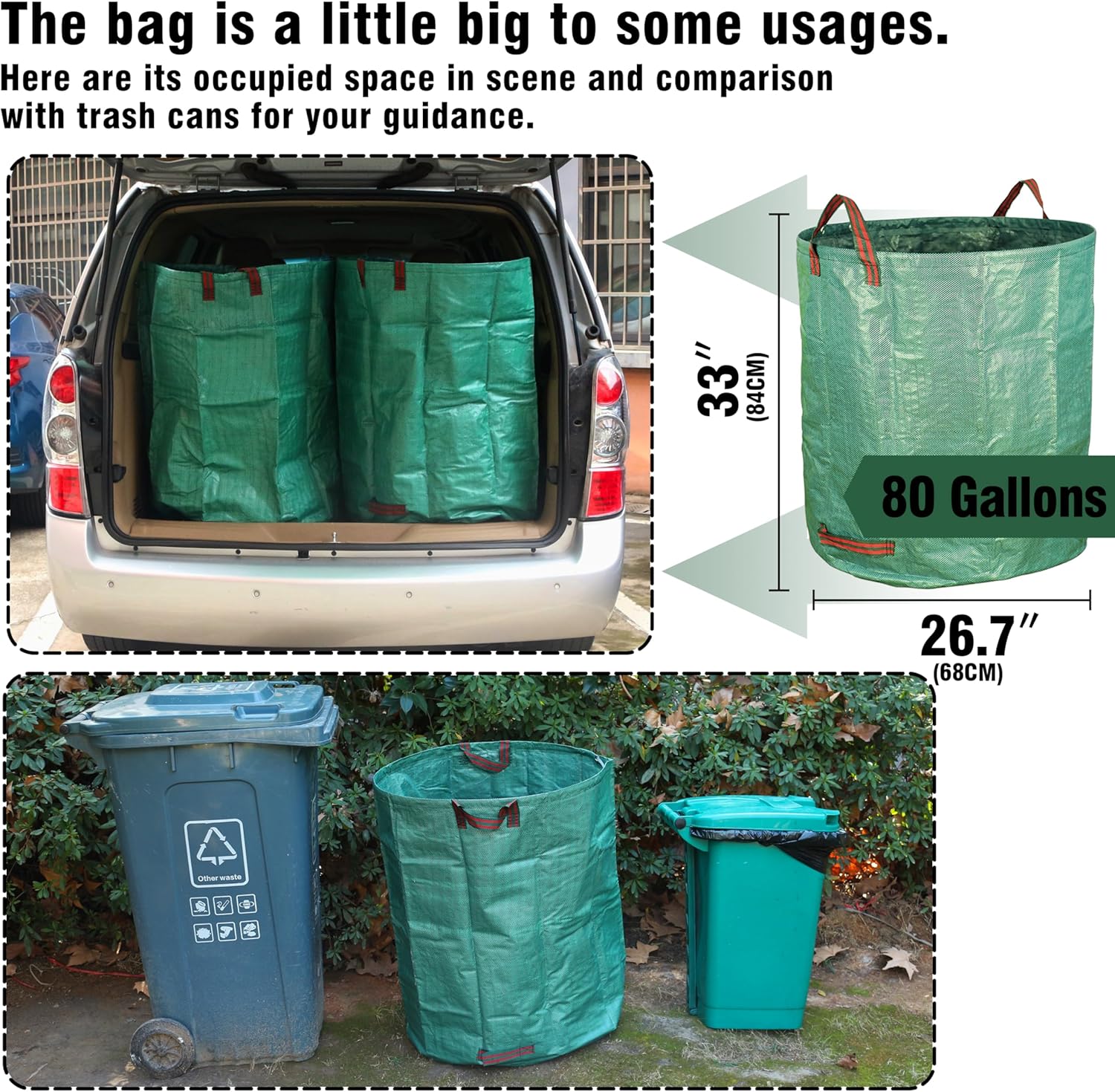 3-Pack 80 Gallon Yard Waste Bags, Reusable Heavy Duty Collapsible Garden Leaf Bags with Plastic Ring, Stand-Up Yard Waste Bin for Leaves, Lawn Debris & Grass Clippings - Image 2