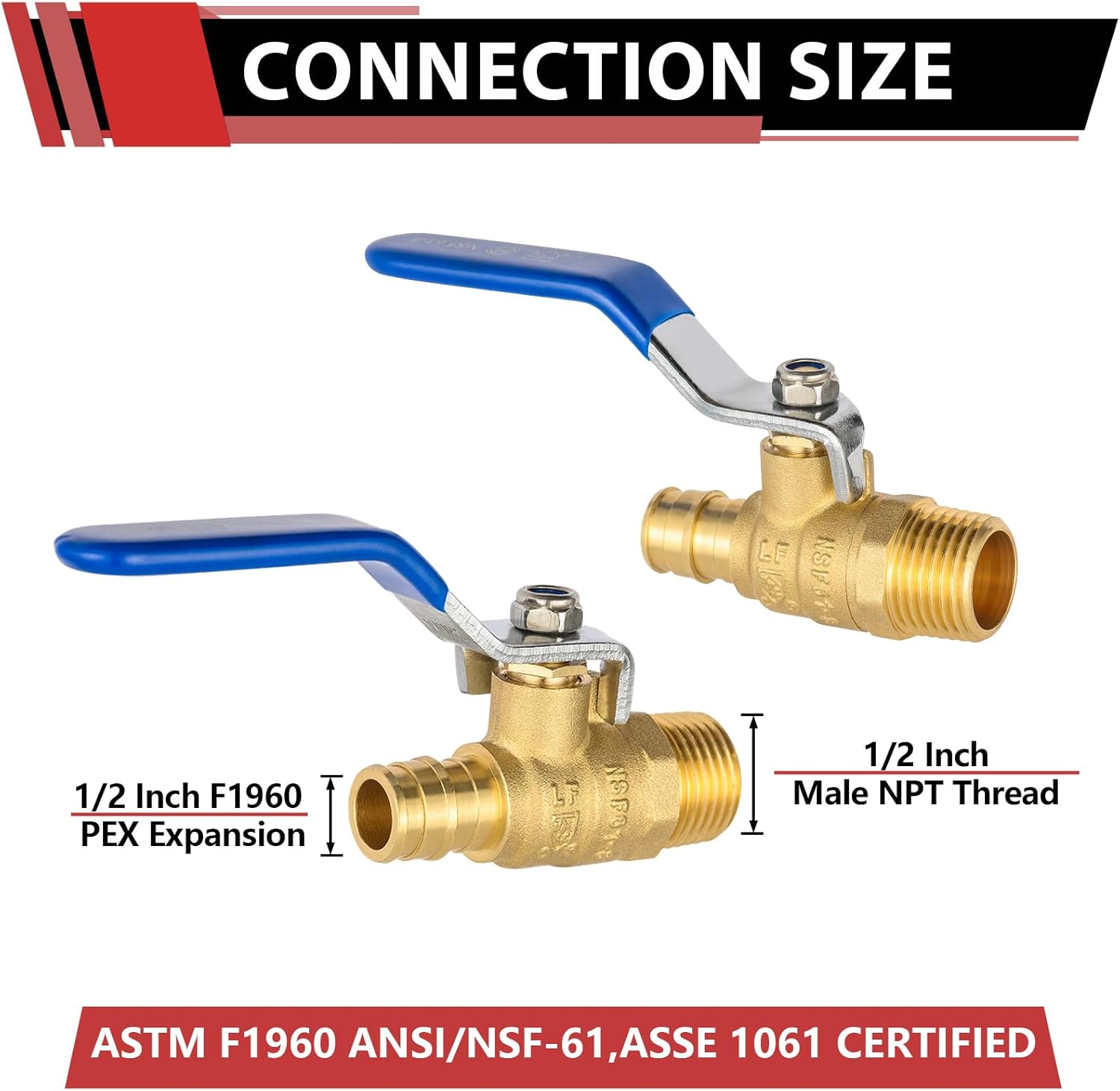 (Pack of 2)  Cold Expansion Pex-A 1/2-inch X 1/2 Inch Male MPT Brass Shut-off Ball Valve for Pex-A Pipe Connection, ASTM F1960, Blue Lever, cUPC Certified,(VALVE445) - Image 2
