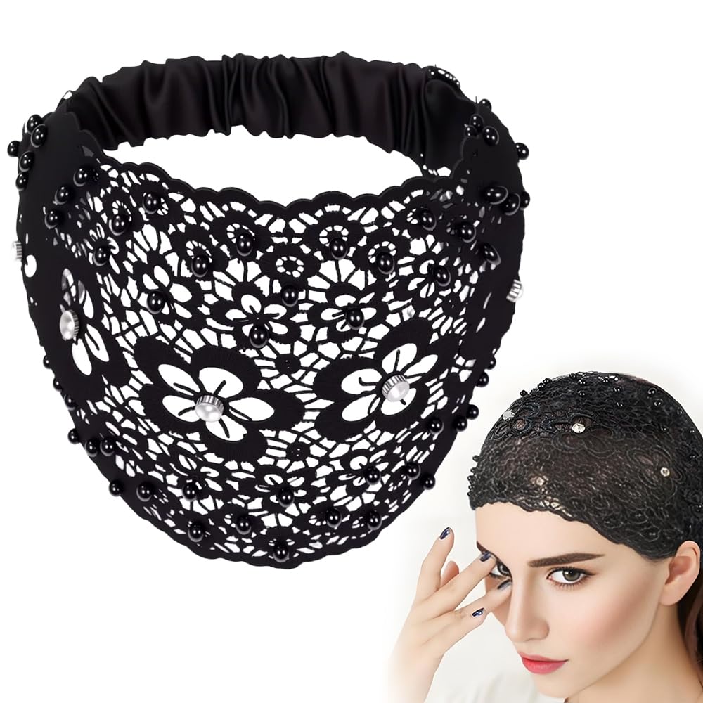 Boho-chic Crystal Pearl Embellished Wide Headbands, 2025 New Vintage High Cranium Artificial Pearls Hairband Pearl Hair Hoop with Teeth Hoop (Black, One Size) - Image 1