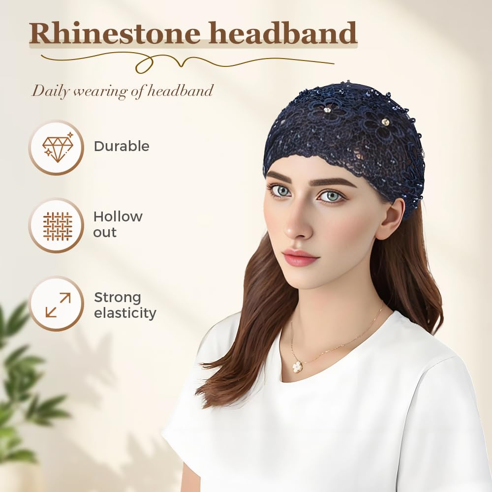 Boho-chic Crystal Pearl Embellished Wide Headbands, 2025 New Vintage High Cranium Artificial Pearls Hairband Pearl Hair Hoop with Teeth Hoop (Black, One Size) - Image 2