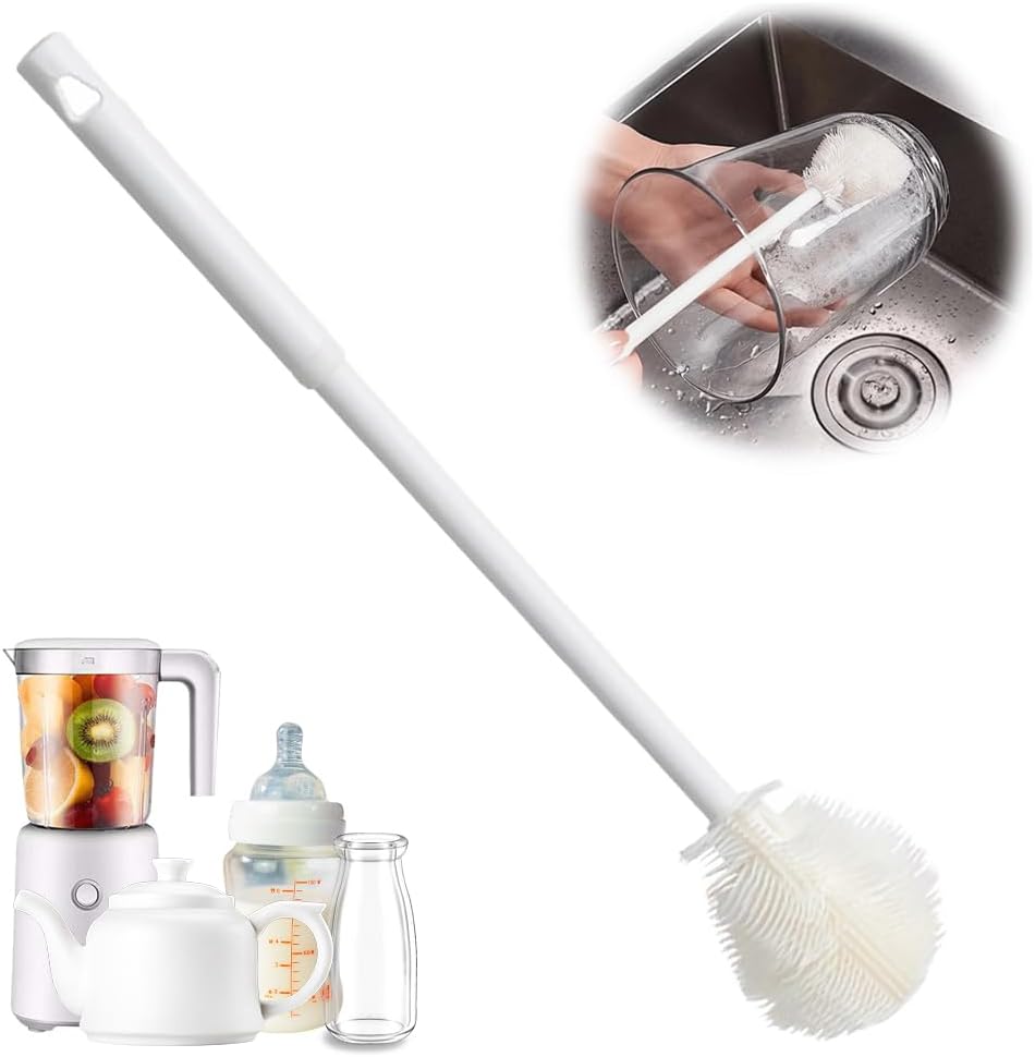 Soft Bristle Silicone Cup Brush, Upgrade 360°Silicone Cup Brush Long Handle Water Bottle Brush Cleaner, Cup Cleaner Brush Cup Lid Cleaning Brush for Narrow Neck containers (1, White) - Image 1