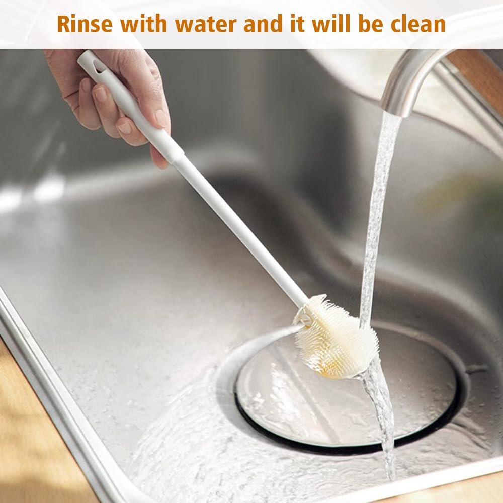 Soft Bristle Silicone Cup Brush, Upgrade 360°Silicone Cup Brush Long Handle Water Bottle Brush Cleaner, Cup Cleaner Brush Cup Lid Cleaning Brush for Narrow Neck containers (1, White) - Image 4