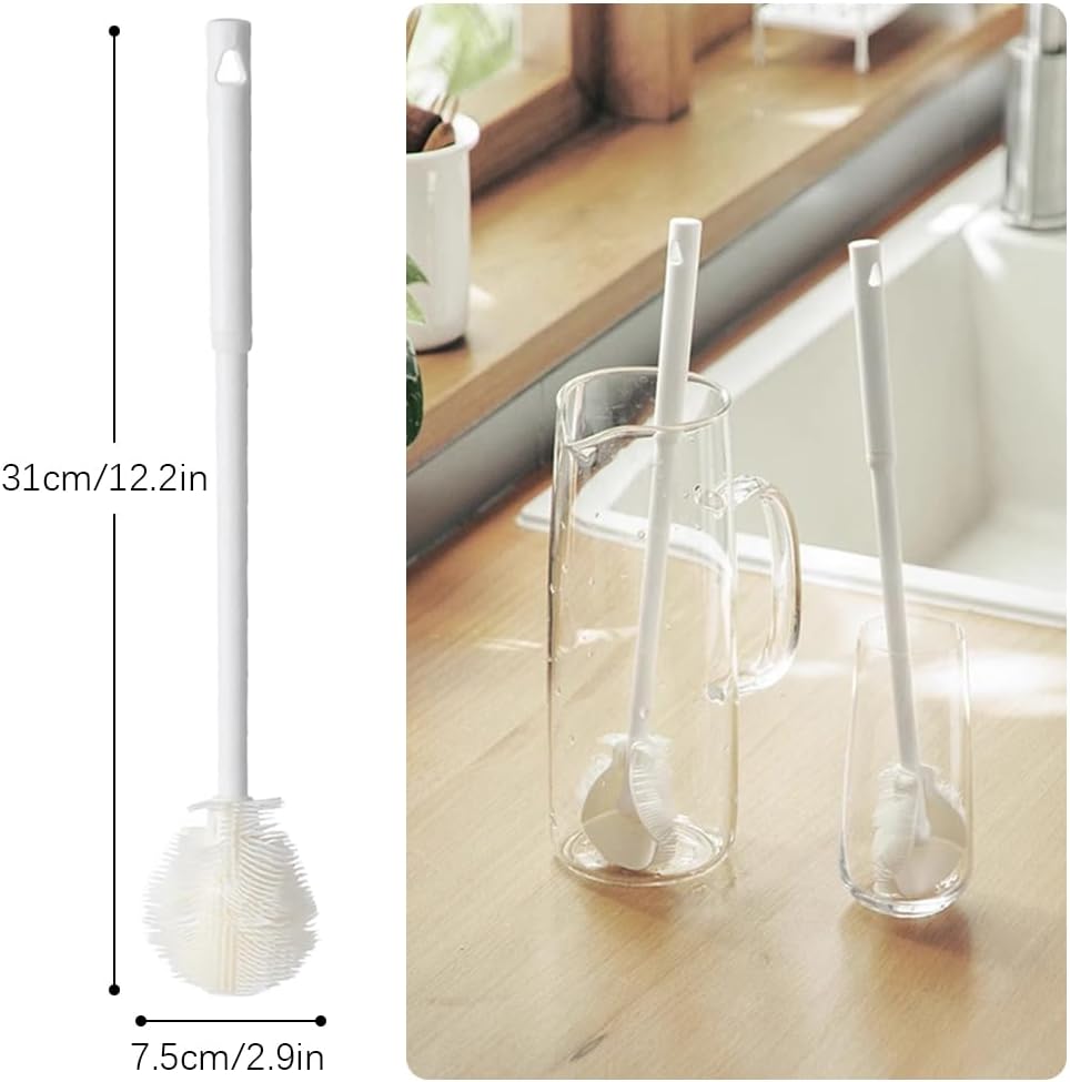 Soft Bristle Silicone Cup Brush, Upgrade 360°Silicone Cup Brush Long Handle Water Bottle Brush Cleaner, Cup Cleaner Brush Cup Lid Cleaning Brush for Narrow Neck containers (1, White) - Image 6
