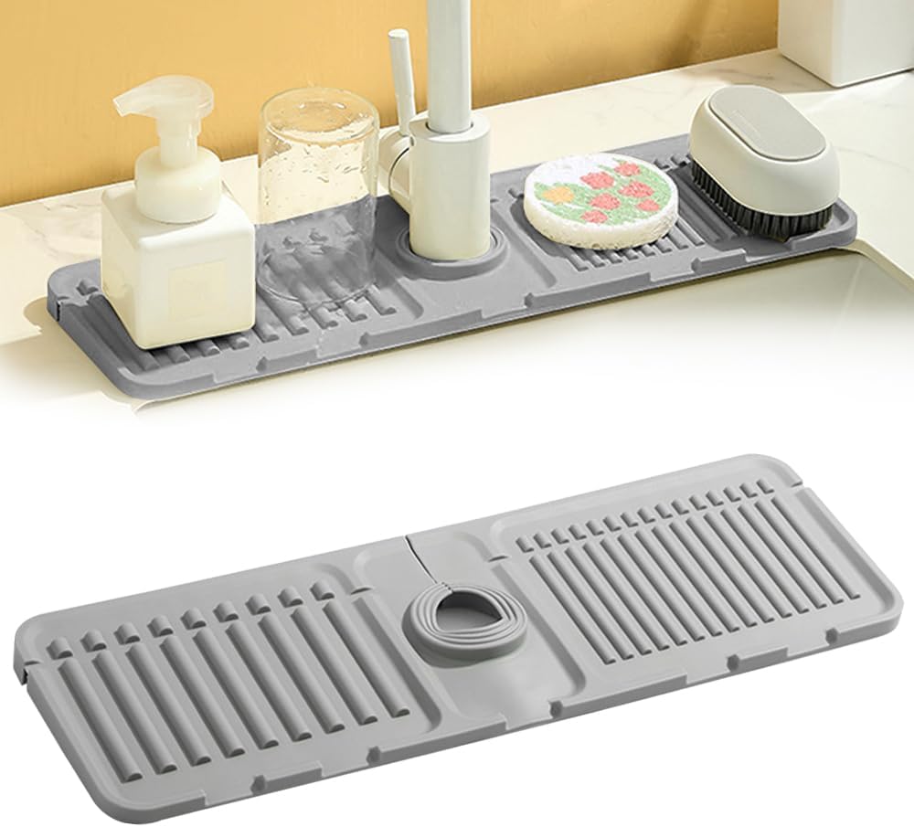 Faucet Mat for Kitchen Sink, 2024 Upgrade Faucet Guard Draining Mat Silicone Faucet Handle Drip Catcher, New Fast Drying Stone Sink Tray Sink Protectors for Kitchen Bathroom Sink (Grey, One Size) - Image 1